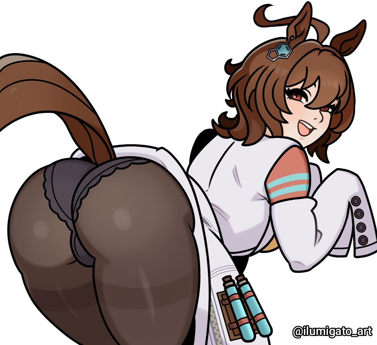 1girls, agnes tachyon (umamusume), animal ears, big ass, brown hair, ilumigato art, looking at viewer, looking back, open mouth, panties, pantyhose, smile, solo, tail, twitter username, umamusume