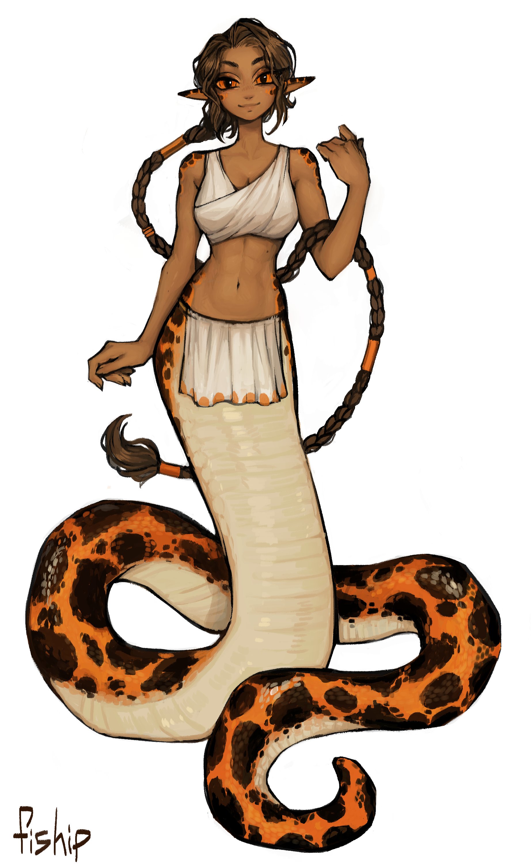1girls, aziza (aishafan1), belly scales, black scales, braid, braided hair, braided ponytail, breasts, brown hair, clothed, clothed female, female, female focus, female humanoid, female only, fiship, kemonomimi, lamia, loincloth, looking at viewer, naga, orange eyes, orange scales, snake, snake girl, snake humanoid, source request, tagme, tanned, tanned female, tribal, tribal clothing, two piece, white belly, white scales