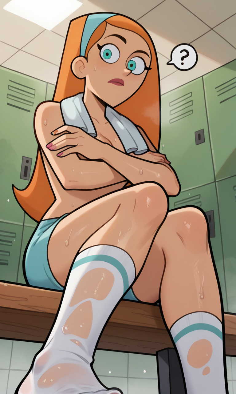 ai_generated ass bigmic145 blue_eyes breasts convenient_censoring convenient_censorship danny_phantom female hairband jazz_fenton medium_breasts navel nickelodeon orange_hair shorts socks sweat sweatdrop sweating sweaty_socks topless towel_around_neck towel_over_breasts