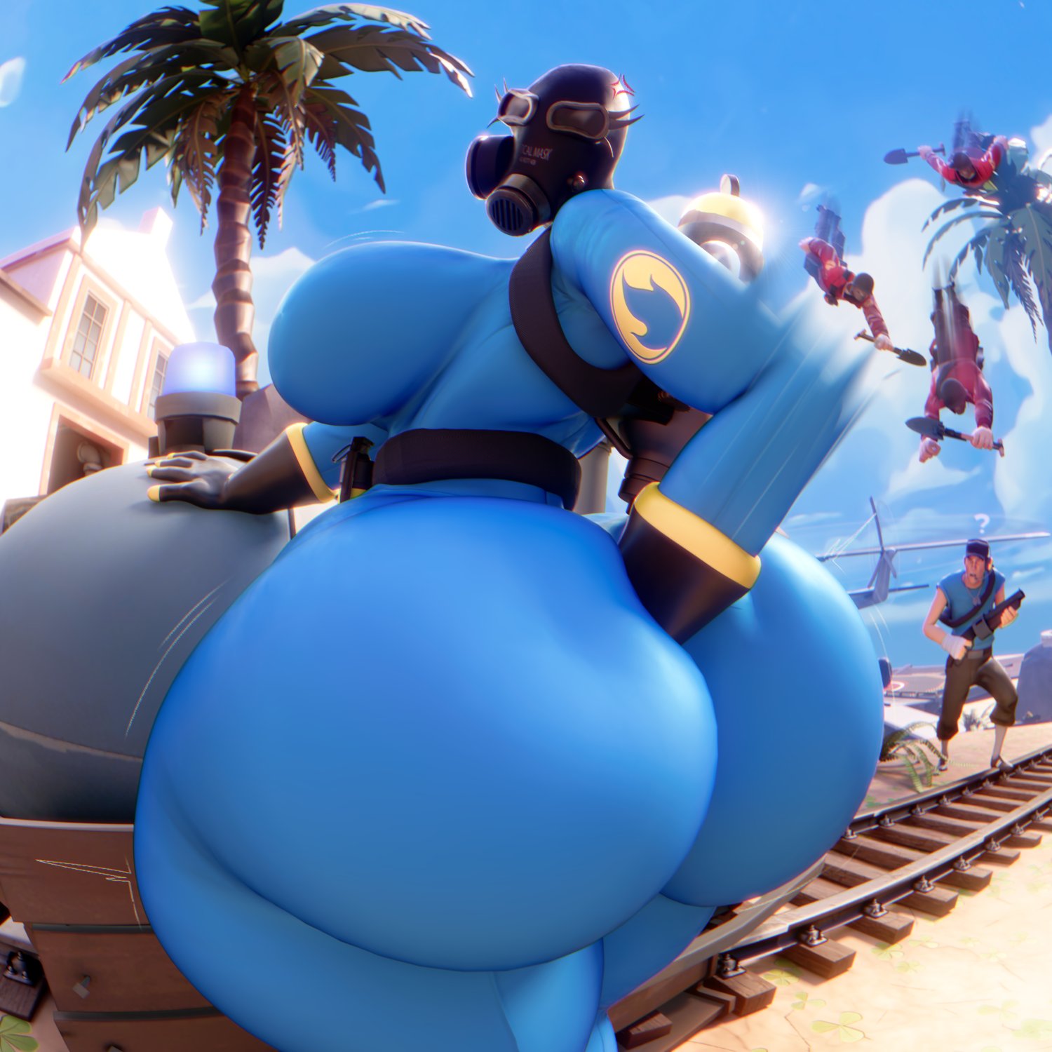 ??, 1girls, 2025, 3d, ass, belt, big ass, big breasts, big thighs, bodysuit, bottom heavy, breasts, butt digging, cand3d, clothing, digging up in they ass, eyelashes, female, female focus, female only, fempyro, fully clothed, gas canister, gas mask, giant ass, gloves, hi res, highres, hips, huge ass, huge thighs, hyper, hyper ass, large ass, large breasts, large thighs, latex, latex bodysuit, latex gloves, latex suit, long legs, mask, masked, pyro (team fortress 2), railway track, red clothing, red latex, round ass, rule 63, scout (team fortress 2), slim waist, soldier (team fortress 2), team fortress 2, thick thighs, thighs, valve, wide hips