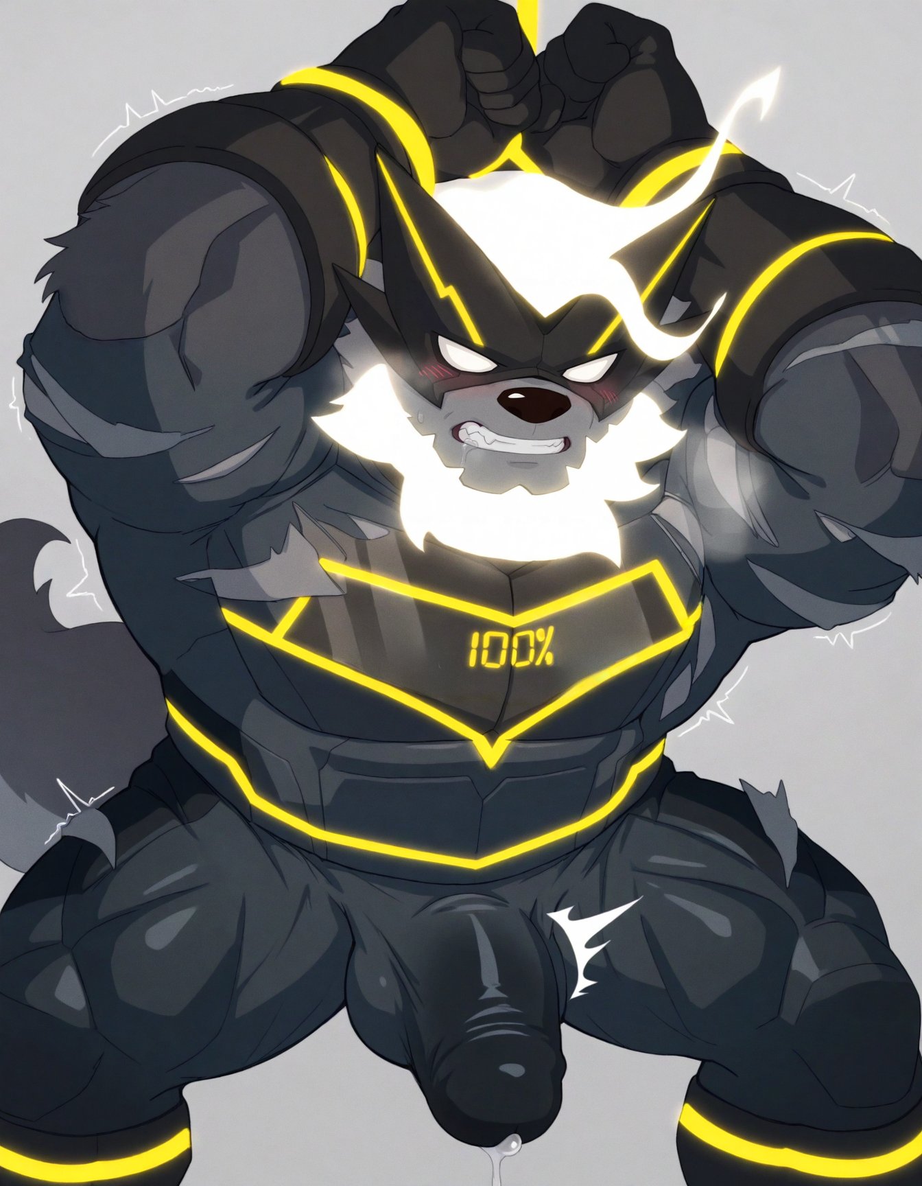 anthro armor barazoku beard blush bodily_fluids canid canine chapper_(pleasant_goat_and_big_big_wolf) clenched_teeth clothing dripping facial_hair flaccid genital_fluids genitals hands_behind_head hi_res male mammal mask muscular muscular_anthro penis pleasant_goat_and_big_big_wolf precum precum_drip rope simple_background solo striped_body stripes tail teeth