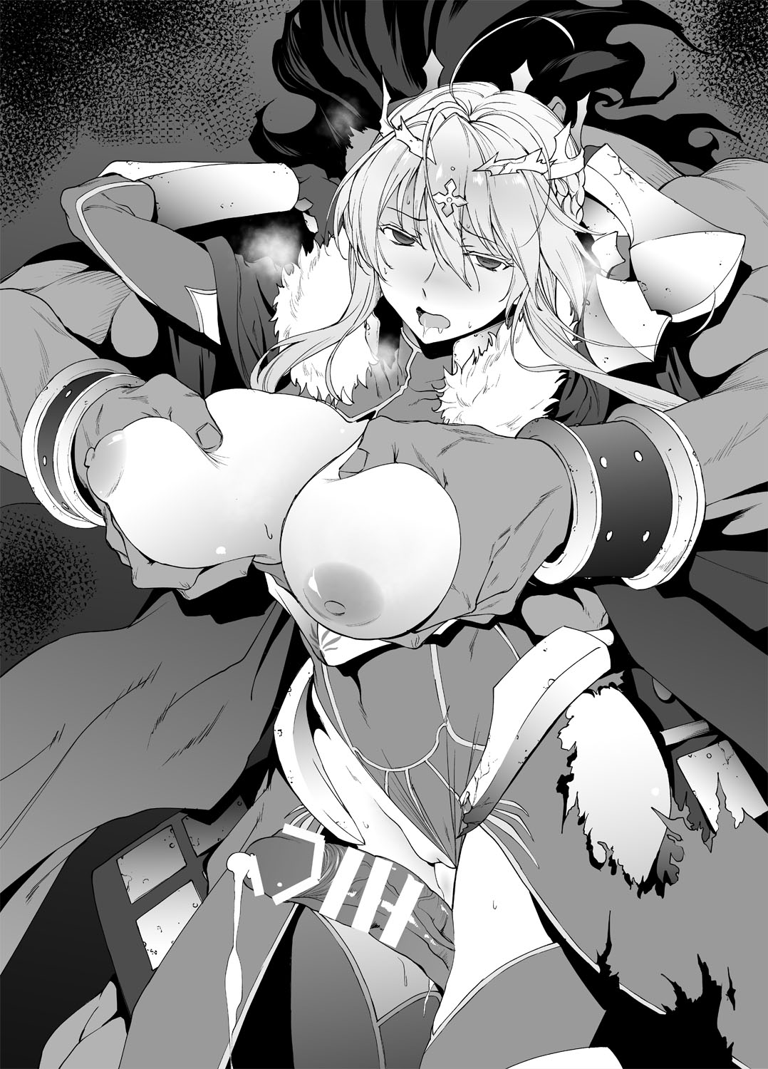 ahoge arms_up artoria_pendragon artoria_pendragon_(lancer) bangs bar_censor blush braid breast_grab breasts breasts_out cape censored cleavage_cutout crown cum cumdrip eyebrows_visible_through_hair fate/grand_order fate_(series) french_braid from_behind fur-trimmed_cape fur_trim gauntlets grabbing hair_between_eyes heracles_(fate) highres hips huge_breasts leotard leotard_pull nipples open_mouth penis pussy rape sidelocks swept_bangs thighs torn_clothes yoshiki360