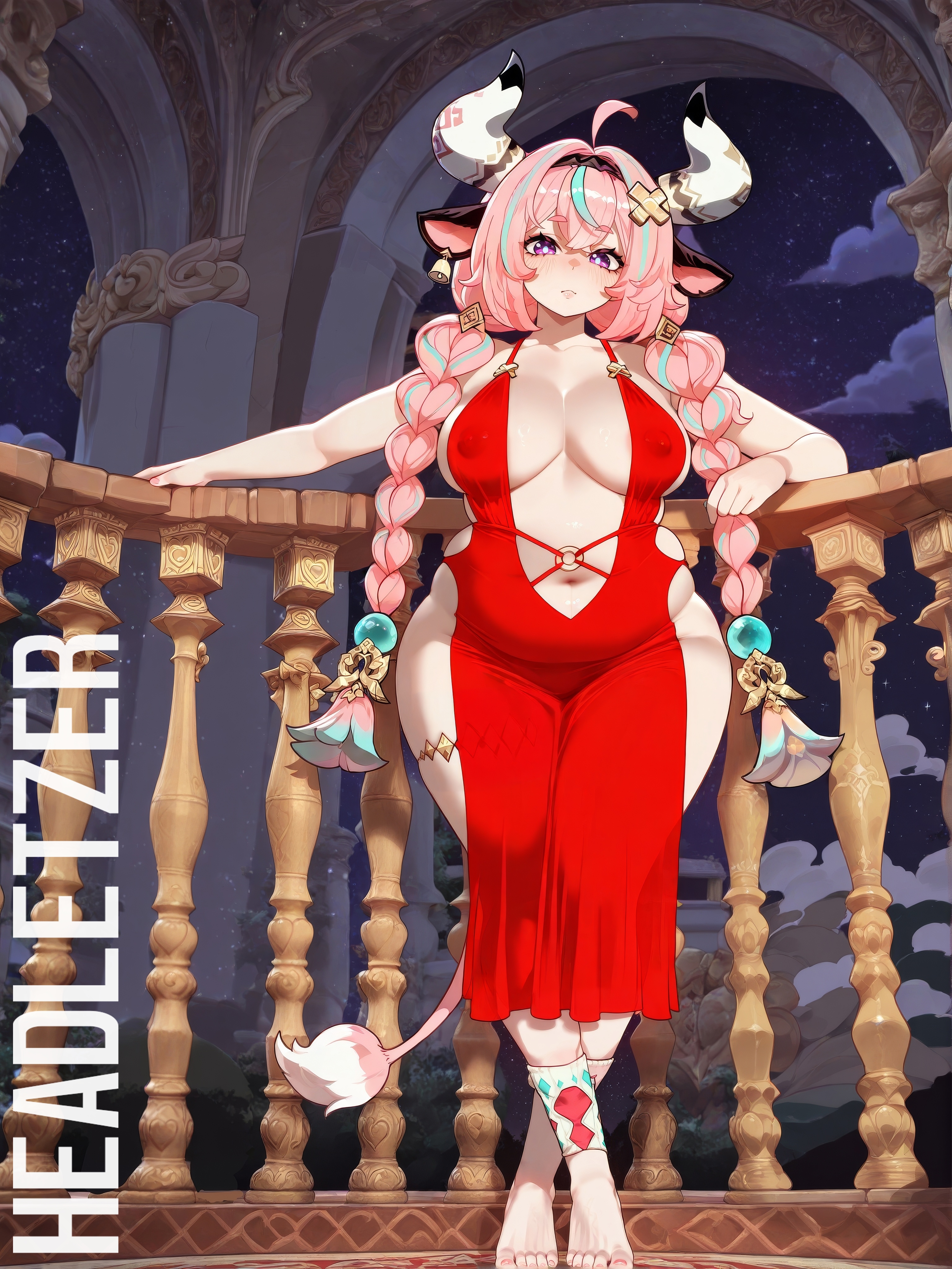 1girls, ai assisted, ai generated, balcony, chubby, cleavage, feet, female, genshin impact, headletzer, looking at viewer, nipple bulge, pink eyes, pink hair, red dress, tagme, toes, varesa (genshin impact)
