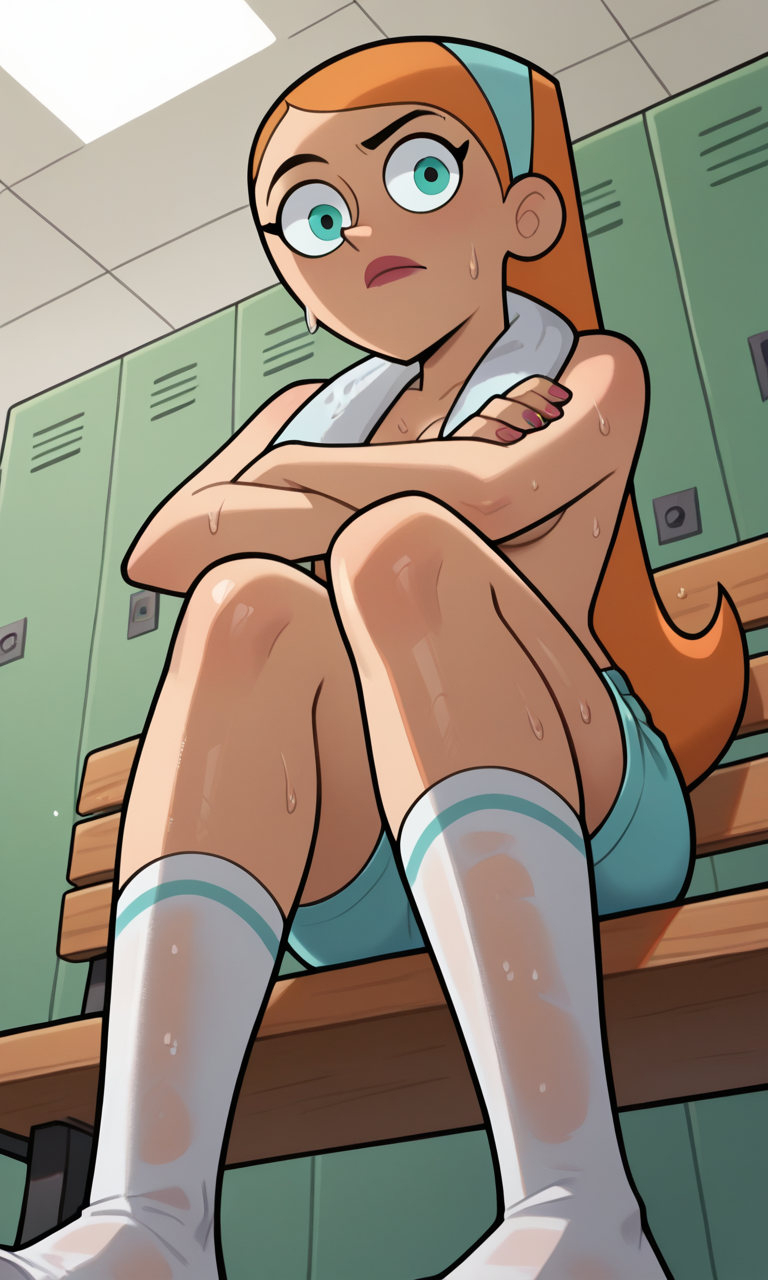 12175 ai_generated ass bigmic145 blue_eyes breasts convenient_censoring convenient_censorship danny_phantom female hairband jazz_fenton medium_breasts navel nickelodeon orange_hair shorts socks sweat sweatdrop sweating sweaty_socks topless towel_around_neck towel_over_breasts