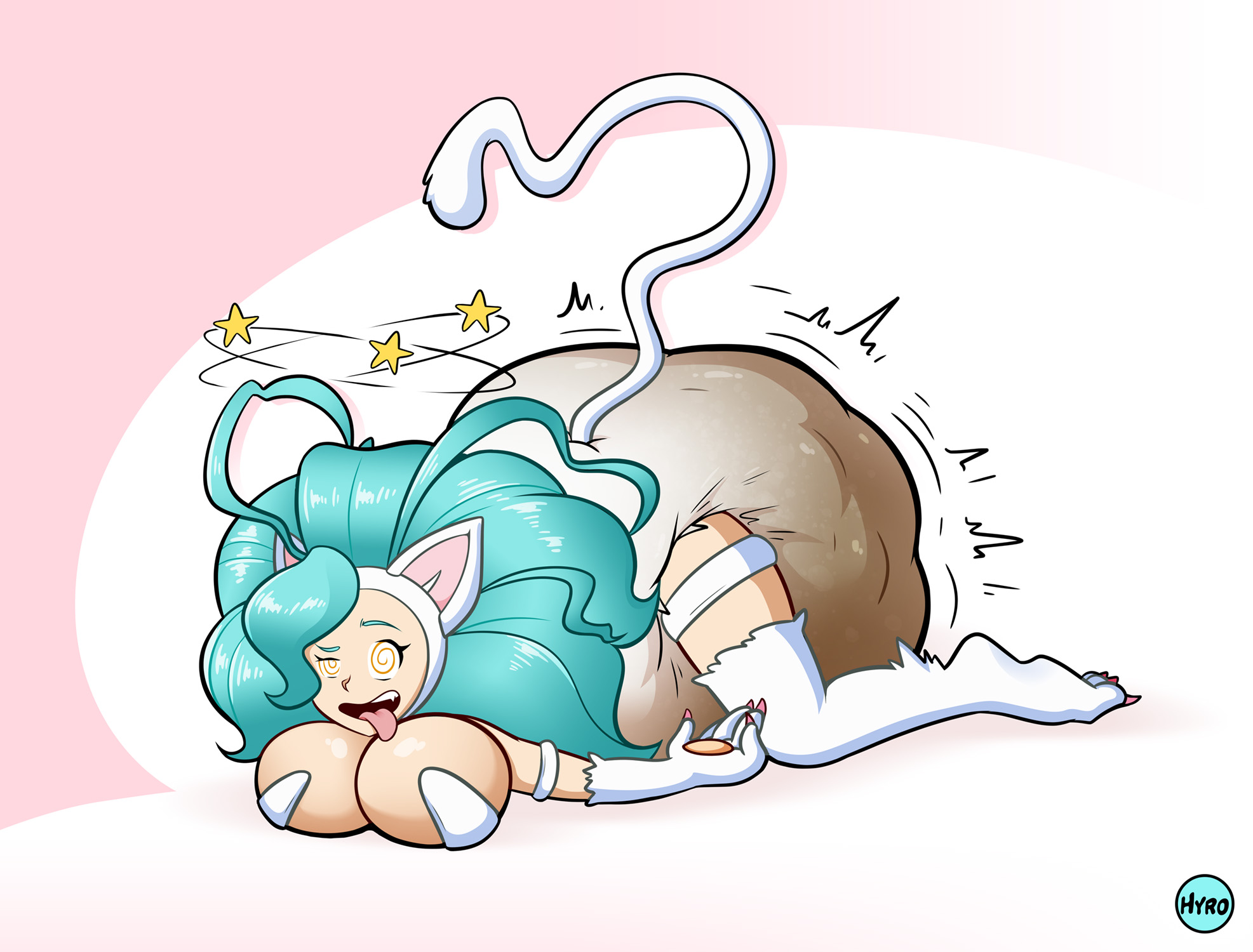 artist signature, big breasts, blue hair, breasts, capcom, cat tail, darkstalkers, diaper, digital media (artwork), felicia (darkstalkers), female, hypnosis, hypnotic eyes, hyrosdiaperdivas, messy diaper, monster girl, nekomimi, scat, tagme