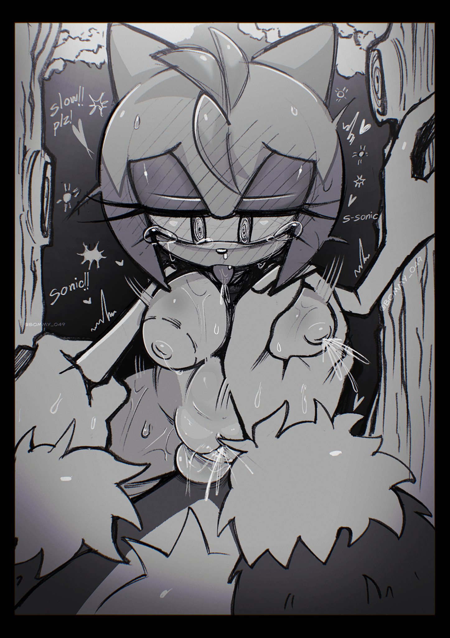1boy, 1girls, amy rose, anthro, anthro on anthro, anthro only, anthro penetrating, anthro penetrating anthro, areolae, big breasts, big hands, blush, bommy 049, breast grab, breast squeeze, breasts, cowgirl position, dialogue, english text, eulipotyphlan, female, forest, fur, grabbing, grabbing breasts, hedgehog, knot, knotted penis, large breasts, large hands, larger male, male, male pov, male/female, mammal, motion lines, nipples, on lap, penetration, penis, pov, sega, sex, smaller female, sonic (series), sonic the hedgehog, sonic the hedgehog (series), sonic the werehog, sonic unleashed, stomach bulge, straight, straight sex, text, tongue, tongue out, tree, vagina, vaginal penetration, werehog