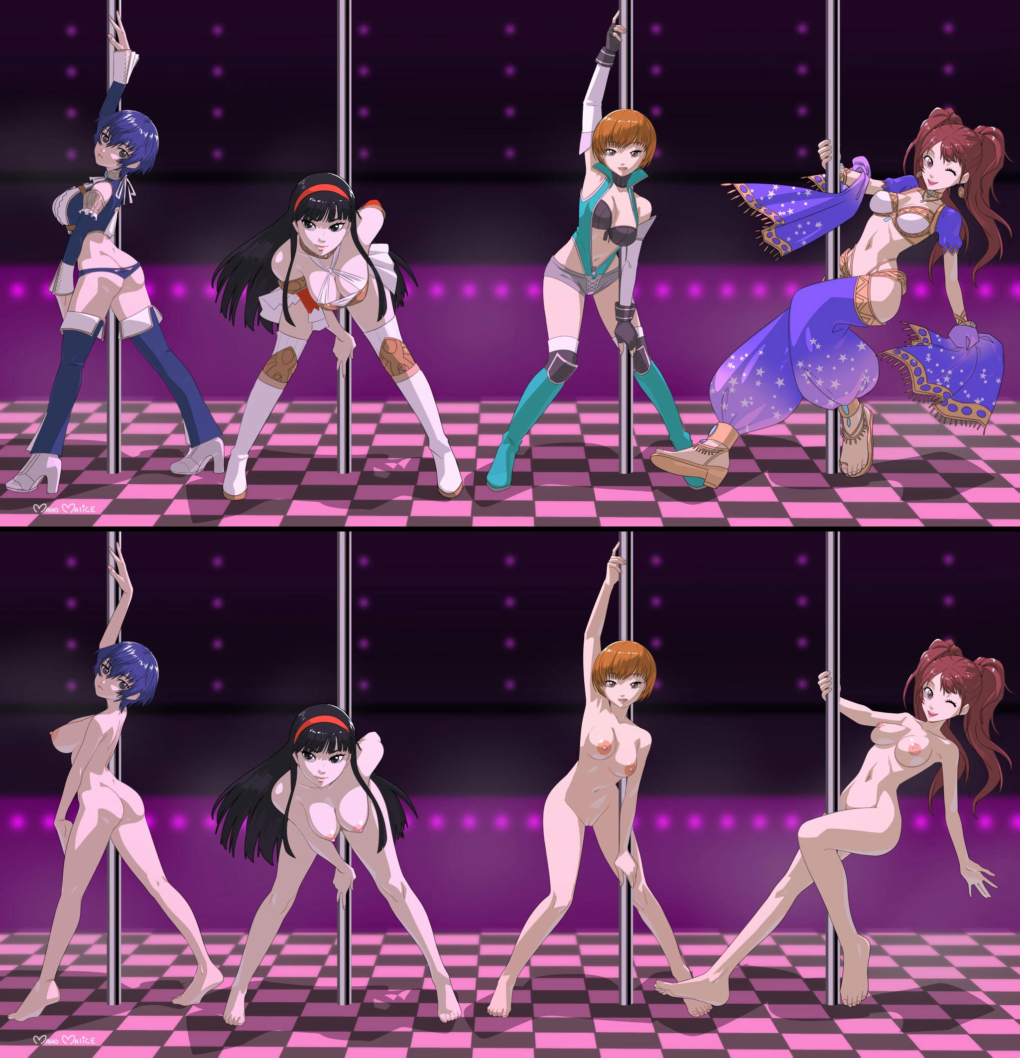 amagi yukiko, ass, breasts, clothed and nude version, completely naked, completely nude, exhibitionism, exhibitionist, feet, female, female only, kinky, kujikawa rise, lap dance, looking at viewer, maho malice, mahomalice, myahogao, naked, navel, nipples, nude, nude female, persona, persona (series), persona 4, pole, pole dancing, satonaka chie, shirogane naoto, toes
