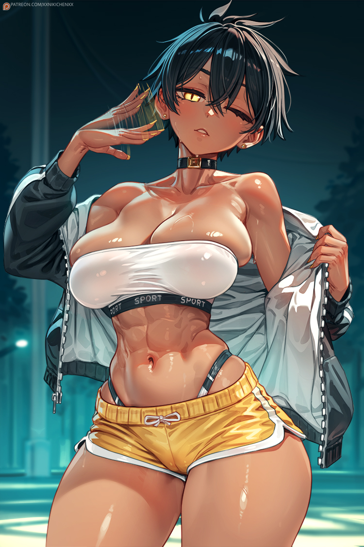 1girls, abs, bare legs, bare shoulders, bare thighs, big breasts, black hair, blush, breasts, choker, clothed, clothing, color, dark skin, dark-skinned female, earring, female, female focus, female only, fit female, hi res, jacket, kurobe natsumi, large breasts, looking at viewer, muscles, muscular, muscular female, no ai, running, senpai ga uzai kouhai no hanashi, short hair, solo, solo female, sweat, tagme, thick thighs, tomboy, wide hips, xxnikichenxx, yellow eyes
