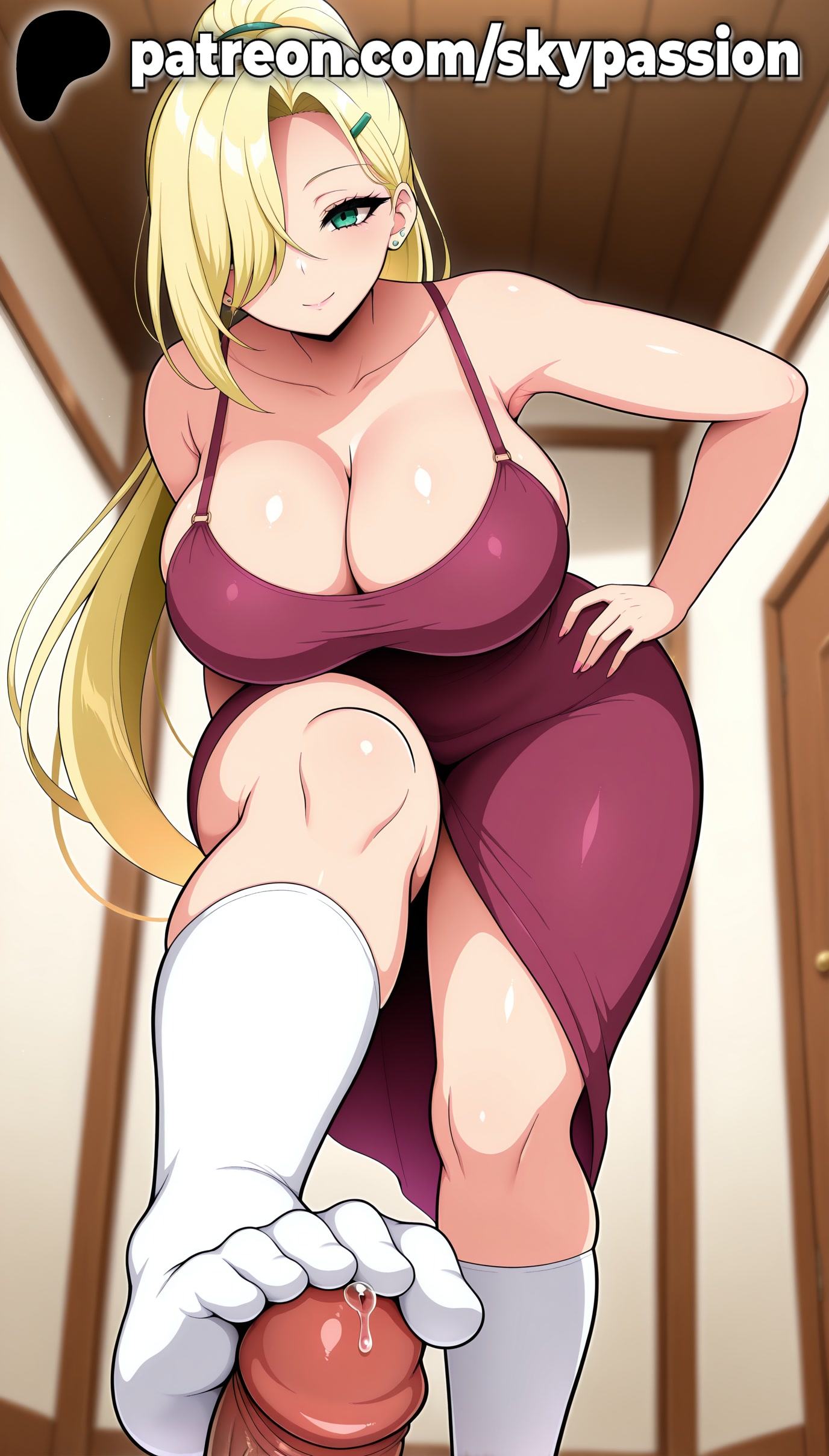 1boy, 1girls, 2025, ai assisted, ai generated, anime, artist name, big breasts, big chest, big penis, blonde hair, blurry, blurry background, blurry foreground, breasts, bust, busty, chest, cleavage, clothed female, cock, depth of field, dick, dress, feet, feet fetish, female, female focus, foot fetish, foot focus, foot on penis, foot play, footjob, green eyes, hair ornament, hair over one eye, hairclip, hi res, high quality, high resolution, highres, indoors, ino yamanaka, knee socks, kneehighs, kneesocks, large breasts, long hair, looking at viewer, male, naruto, naruto (classic), naruto (series), naruto shippuden, naruto: the last, patreon, patreon username, penis, pov, skypassion, smile, socks, stable diffusion, straight, toe socks, toejob, watermark, white legwear, white socks
