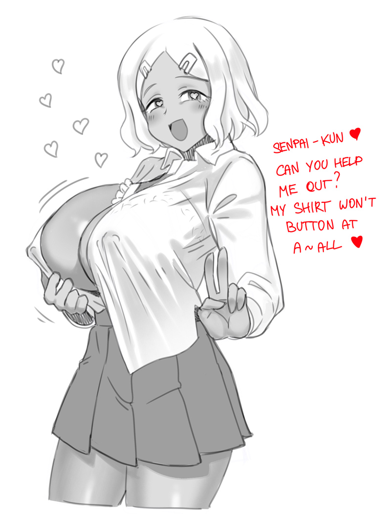 1girls, big breasts, breasts, female, female only, hearts around head, hearts in eyes, huge breasts, inconvenient breasts, looking at viewer, nipple piercing, nipple piercing bulge, nipple piercings under clothes, no bra, open clothes, open shirt, panzermeido, peace sign, piercing bulge, please don't bully me, nagatoro, sakura (nagatoro), school uniform, secunduspublius, shirt open, sketch, solo, solo female, text