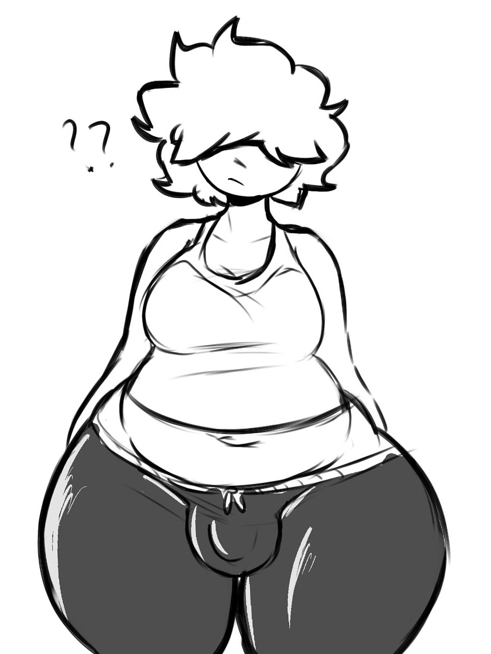1futa, 2023, ass, belly, bulge, chubby, chubby futa, claudius (gardesnorela), fat ass, fluffy hair, futa only, futanari, gardesnorela, gift art, hair over eyes, human, intersex, just coffee, love handles, monochrome, penis, question mark, sketch, small penis, solo, sweatpants, tank top, thick ass, thick thighs, thighs