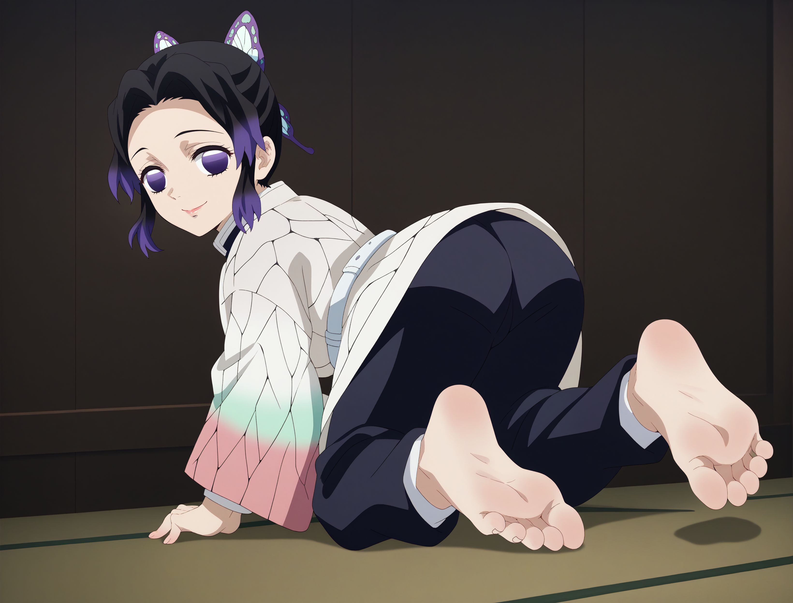 1girls, ai generated, barefoot, demon slayer, demon slayer uniform, faiart, female, foot fetish, kimetsu no yaiba, kochou shinobu, looking at viewer, soles