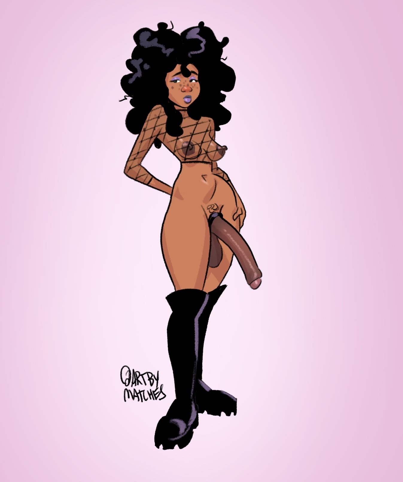 1futa, 2d, african female, afro, areolae, artbymatches, balls, big penis, black female, black hair, breasts, dark skin, dark-skinned futa, female, fishnet armwear, fishnets, foreskin, freckles, freckles on face, futa only, futanari, goth, goth futa, huge balls, intersex, long penis, makeup, mistress mikayla, penis, perky breasts, purple eyeshadow, purple lipstick, small breasts, solo, tagme, testicles, uncircumcised, uncut