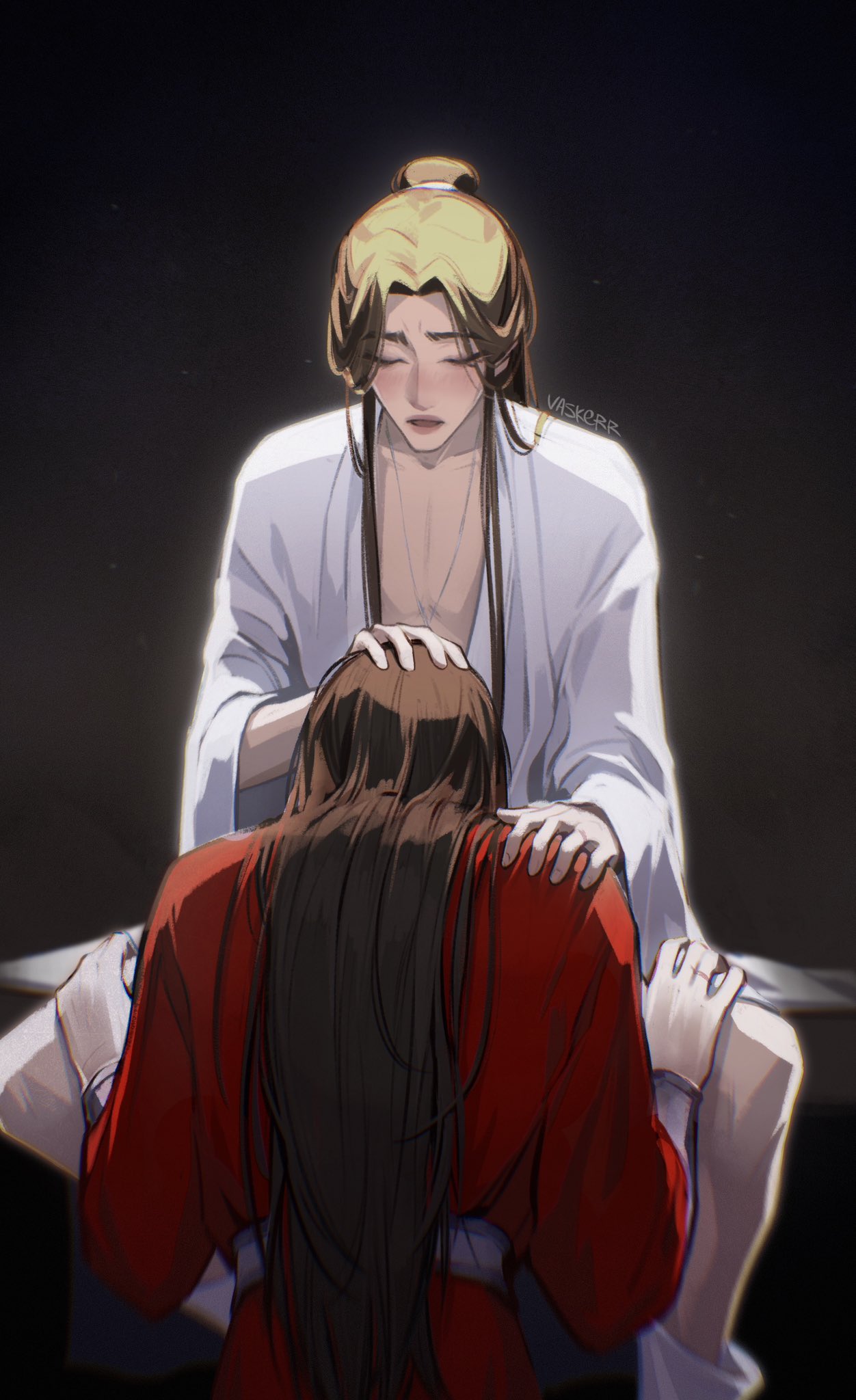 2boys, blowjob, blowjob only, closed eyes, hand on head, hand on leg, heaven official's blessing, hua cheng, male, oral, oral sex, tianguan cifu, unseen male face, xie lian, yaoi