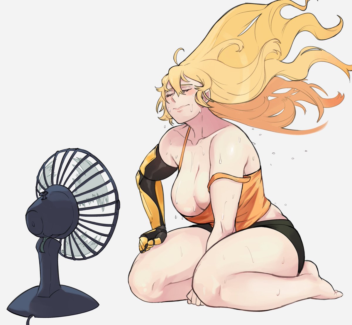1girls, 2025, blonde hair, breasts, cleavage, closed eyes, fan, female, female only, hentaly, highres, hot, large breasts, light skin, light-skinned female, loose clothes, loose shirt, plain background, prosthetic, prosthetic arm, rwby, shirt, solo, sweat, sweaty, white background, yang xiao long