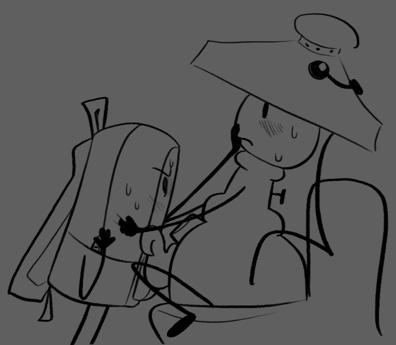 2025, 2boys, airy (hfjone), animate inanimate, blush, blushing, duo, duo male, grabbing, grabbing partner, hfjone, liam plecak (hfjone), male, male only, monochrome, object show, object show community, object shows, osc, penis, penis on face, rubbing, sweat, sweatdrop, sweating, tagme, tentacle, tentacle penis, toilet, toilet use, trashkity