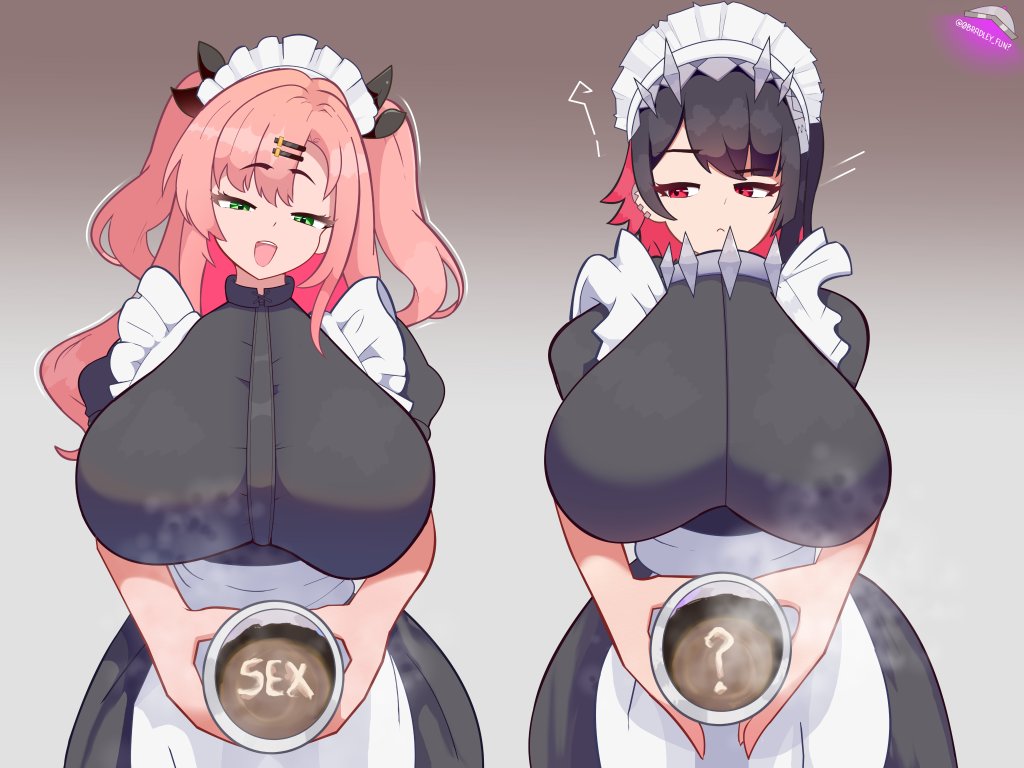 2girls, big ass, big breasts, black hair, bradleyfun?, breasts, ellen joe, english text, female, green eyes, long hair, looking at viewer, maid, nicole demara, pink hair, red eyes, red hair, shark girl, short hair, standing, zenless zone zero