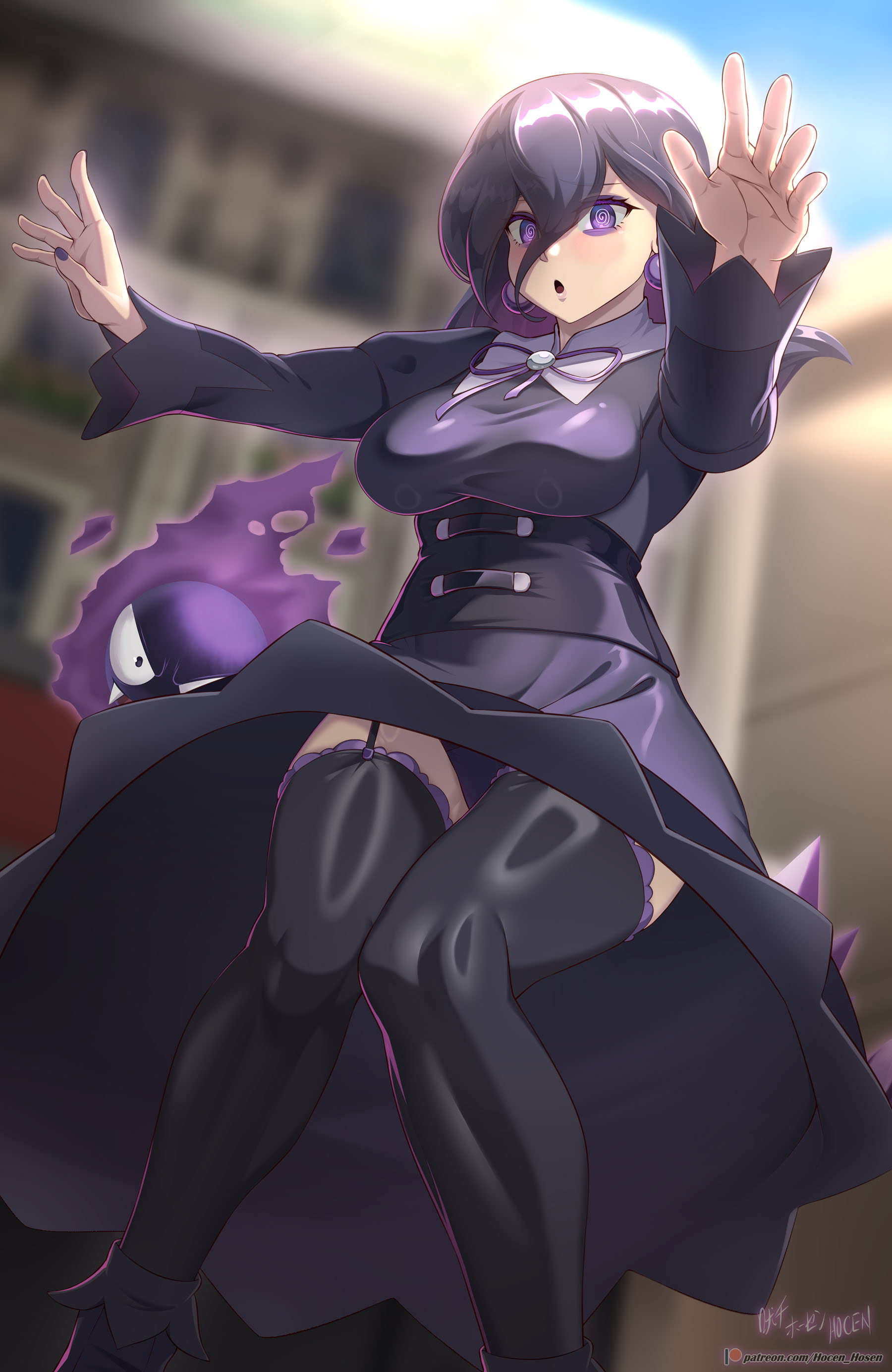 absurdres, black hair, black thighhighs, blurry, blurry background, breasts, clothes lift, day, dress, dress lift, earrings, female, female only, game freak, garter straps, garterstraps, gastly, gen 1 pokemon, hair between eyes, haunter, hex maniac, highres, jewelry, knees together feet apart, long hair, mixed-language commentary, nail polish, neck ribbon, nintendo, open mouth, outdoors, outstretched arms, patreon logo, pokemon, pokemon (creature), purple eyes, purple nails, purple ribbon, ribbon, shoes, standing, stockings, vilde loh hocen, watermark, web address