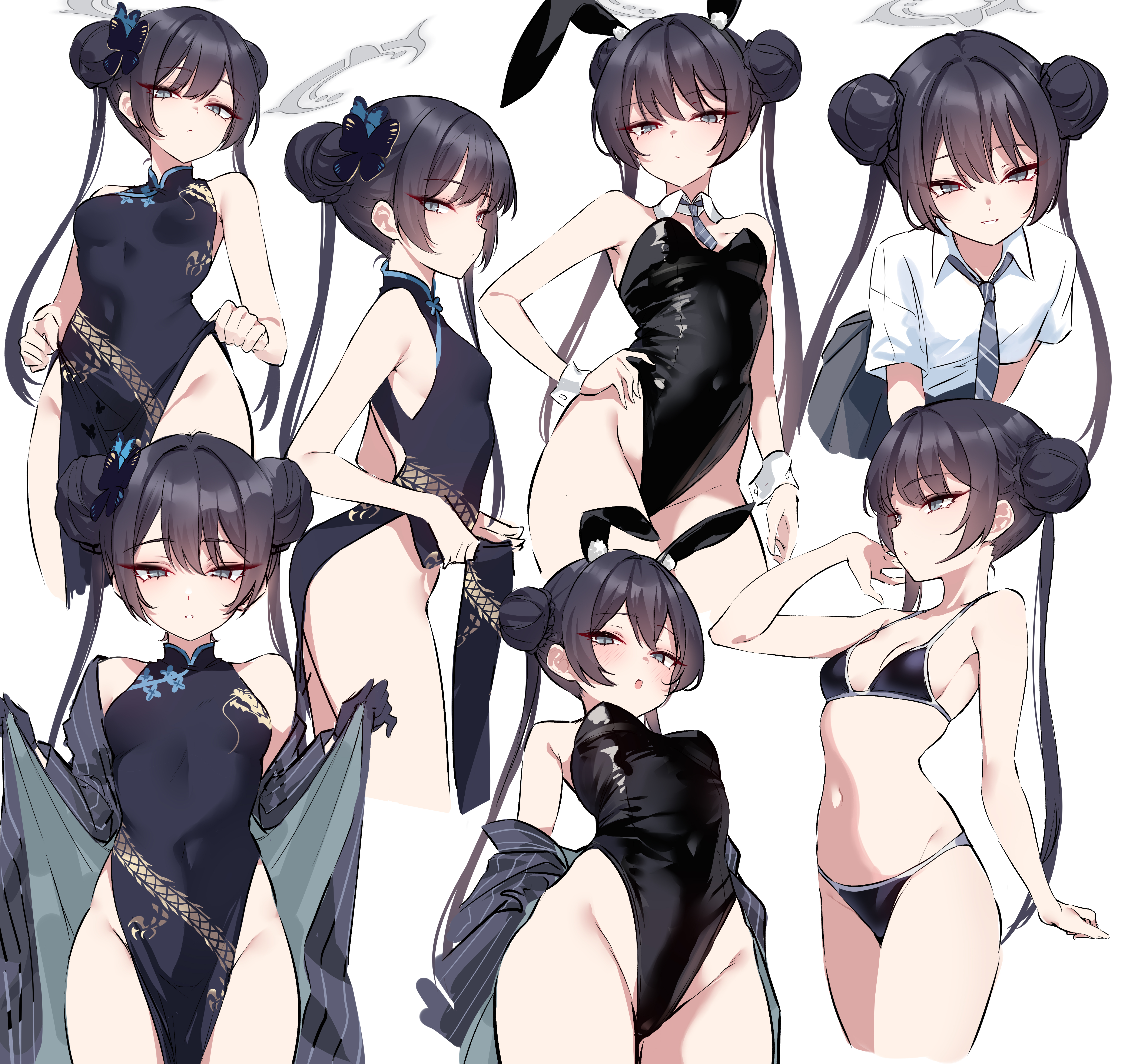 absurdres, animal ears, bare shoulders, bikini, black bikini, black dress, black gloves, black hair, black leotard, blue archive, blush, braid, braided bun, breasts, butterfly hair ornament, china dress, chinese clothes, coat, double bun, dragon print, dress, fake animal ears, female, female only, gloves, grey coat, grey eyes, hair bun, hair ornament, half gloves, halo, highleg, highleg leotard, highres, kisaki (blue archive), leotard, long hair, long sleeves, looking at viewer, multiple views, off shoulder, pelvic curtain, pinstripe pattern, rabbit ears, shigure s, short dress, side slit, small breasts, striped coat, swimsuit, thighs, twintails, vertical-striped coat