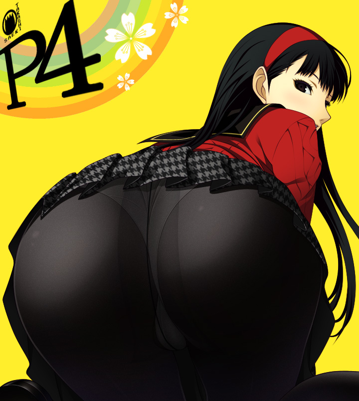 1girls, amagi yukiko, artist request, ass, black eyes, black hair, brown eyes, brown hair, close-up, eyelashes, female, fringe, hairband, inviting, legwear, long hair, looking back, naughty face, pale skin, panties, pantyhose, persona, persona 4, presenting, presenting ass, school uniform, schoolgirl, skinny, teenager, viewed from below