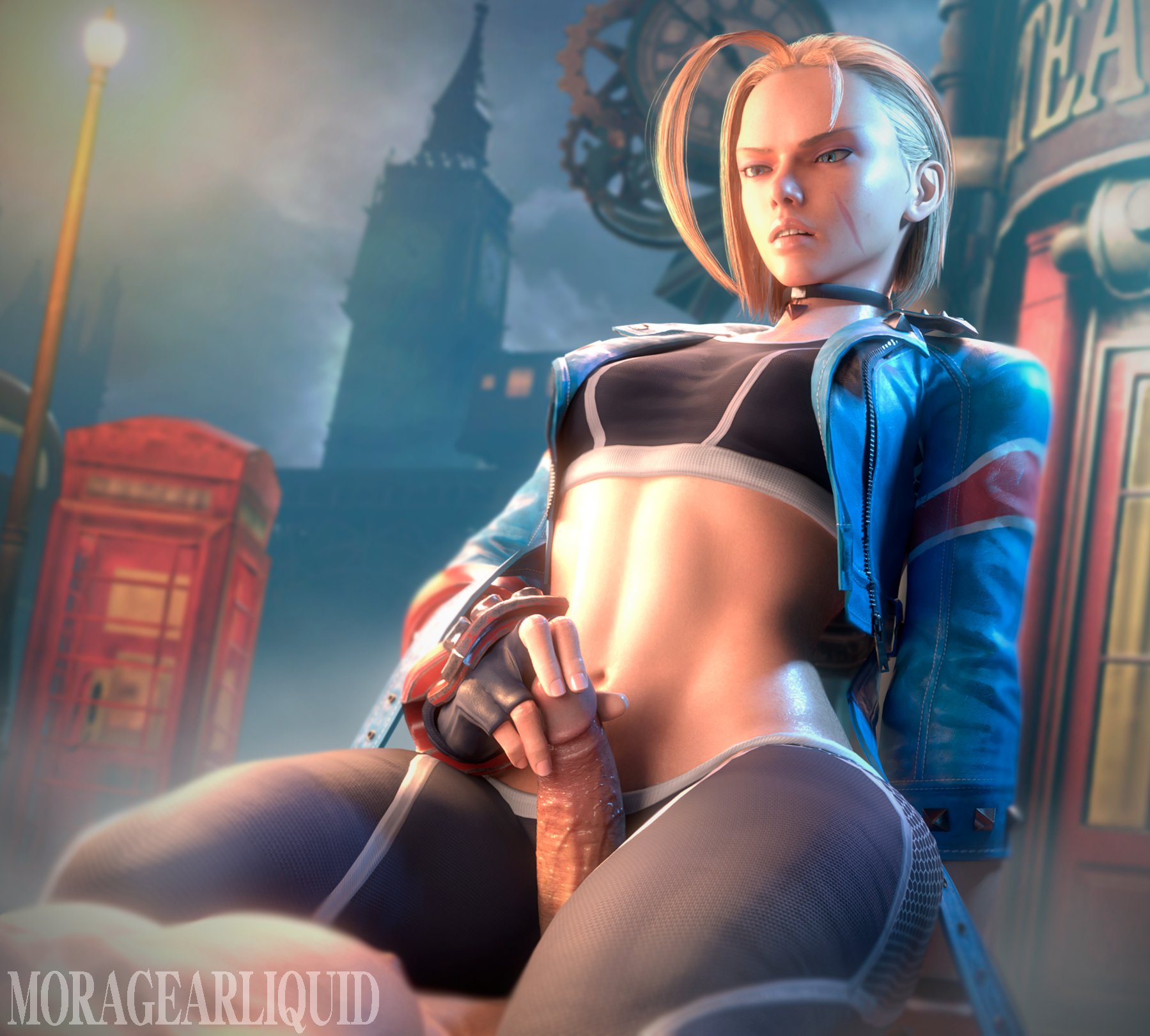 1boy, 1girls, 3d, 3d (artwork), blonde hair, blue eyes, cammy white, cammy white (street fighter 6), choker, crop top, erection, exposed torso, female, female torso, fingers on penis, fully clothed, gloves, leggings, male, moragearliquid, navel, nude male, penis, public sex, sitting on person, straight, street fighter, thigh sex, uncensored