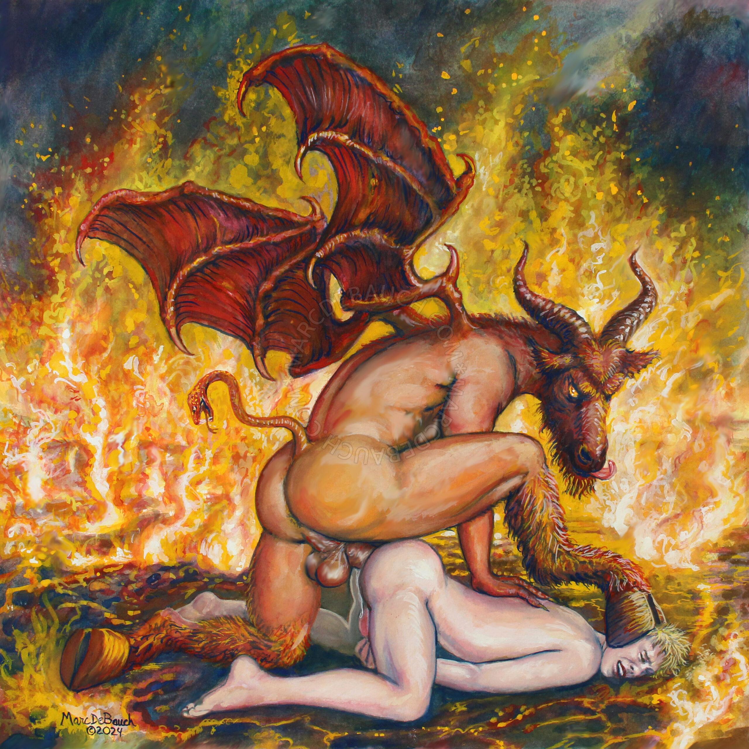 anal, anal penetration, anal sex, anthro on human, baphomet, beast, christianity, demon, demon horns, demon wings, fire, gay, gay anal, gay art, gay male, gay sex, homosexual, horns, humanoid on human, male, male only, marc debauch, monster on femboy, monster on human, monster on male, public domain, raped, raped by monster, religion, satanic, twink, vintage, wings