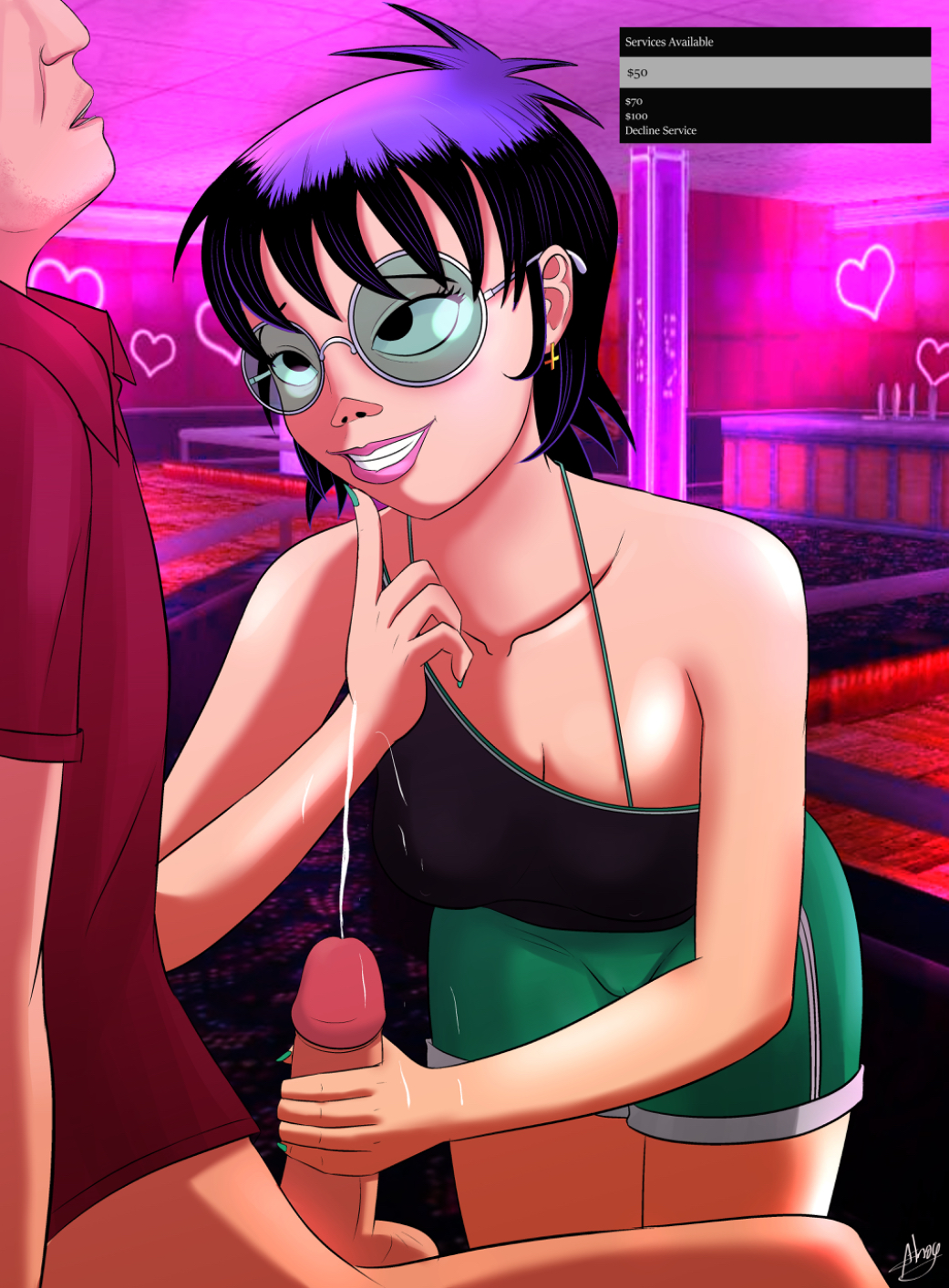 2d, asian, asian female, atnog, crossover, eyeless male, female, female focus, fully clothed female, gorillaz, grand theft auto, grand theft auto v, green glasses, green nails, handjob, male, michael de santa, noodle (gorillaz), noodle (the valley of the pagans), older male and younger female, penis, strip club, stroking penis