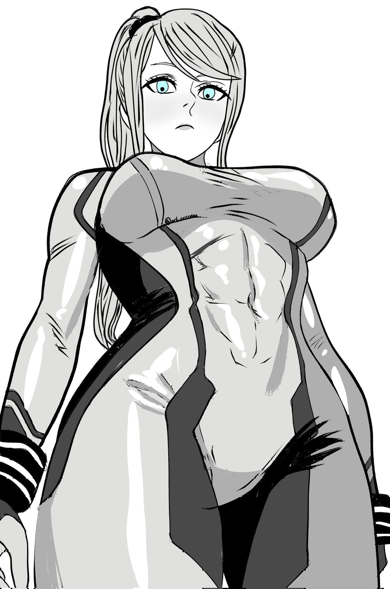 1girls, 2d, 2d (artwork), abs, big breasts, bodysuit, breasts, female, female only, fit female, large breasts, looking at viewer, looking down, metroid, mommy, nintendo, ryveilee, samus aran, skintight, spot color, tall female, tight clothing, toned, toned female, viewed from below, zero suit samus