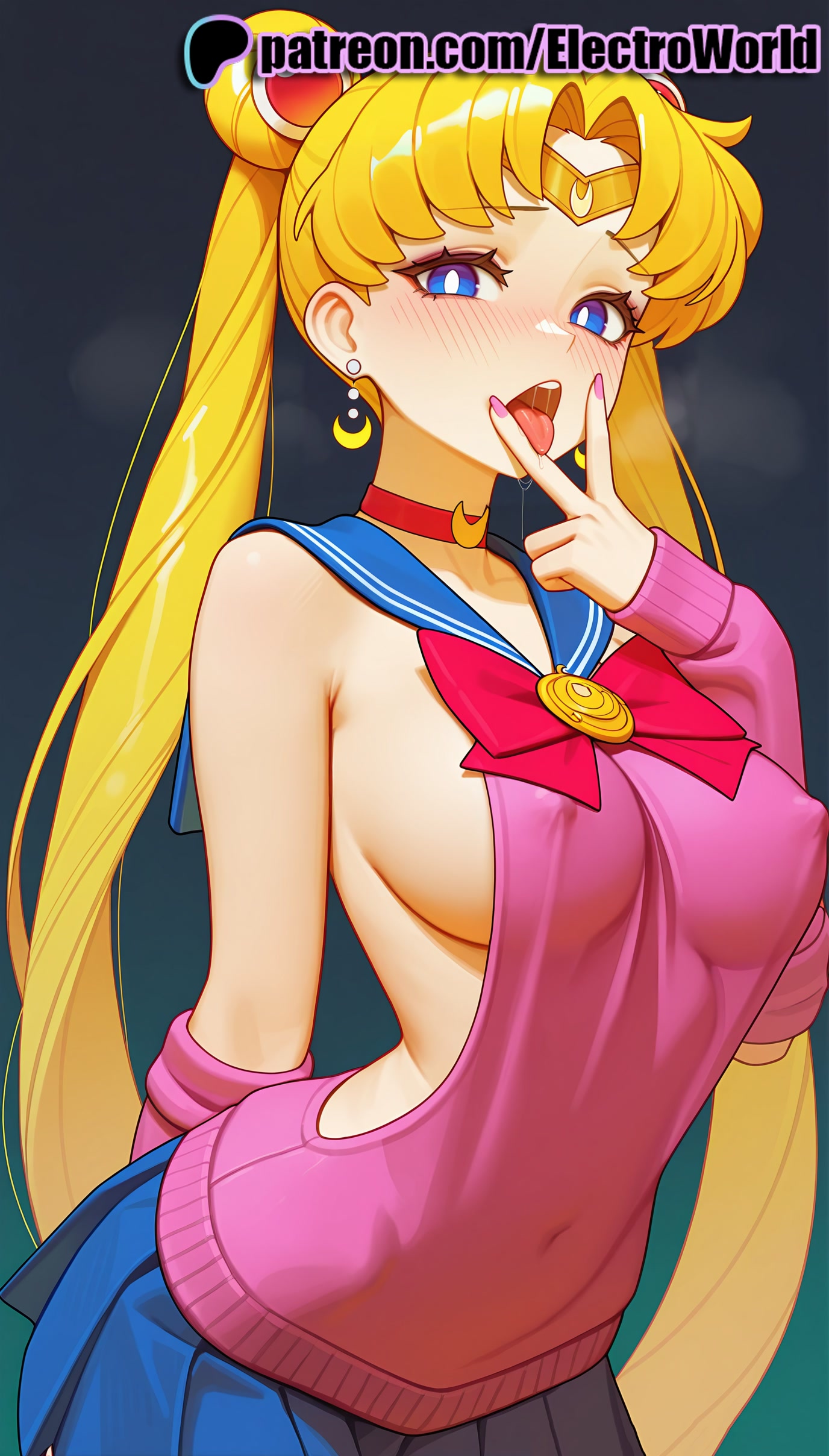1girls, 2025, ai generated, artist name, bishoujo senshi sailor moon, blonde hair, blue eyes, blue sailor collar, blue skirt, bow, breasts, bust, chest, choker, covered nipples, crescent, diadem, double bun, earrings, electroworld, female, heart, heart choker, hi res, high quality, high resolution, highres, jewelry, long hair, nail polish, patreon, patreon username, red bow, red choker, sailor collar, sailor moon, sailor senshi uniform, sideboob, skirt, solo, stable diffusion, tiara, tongue, twintails, usagi tsukino, very long hair, watermark