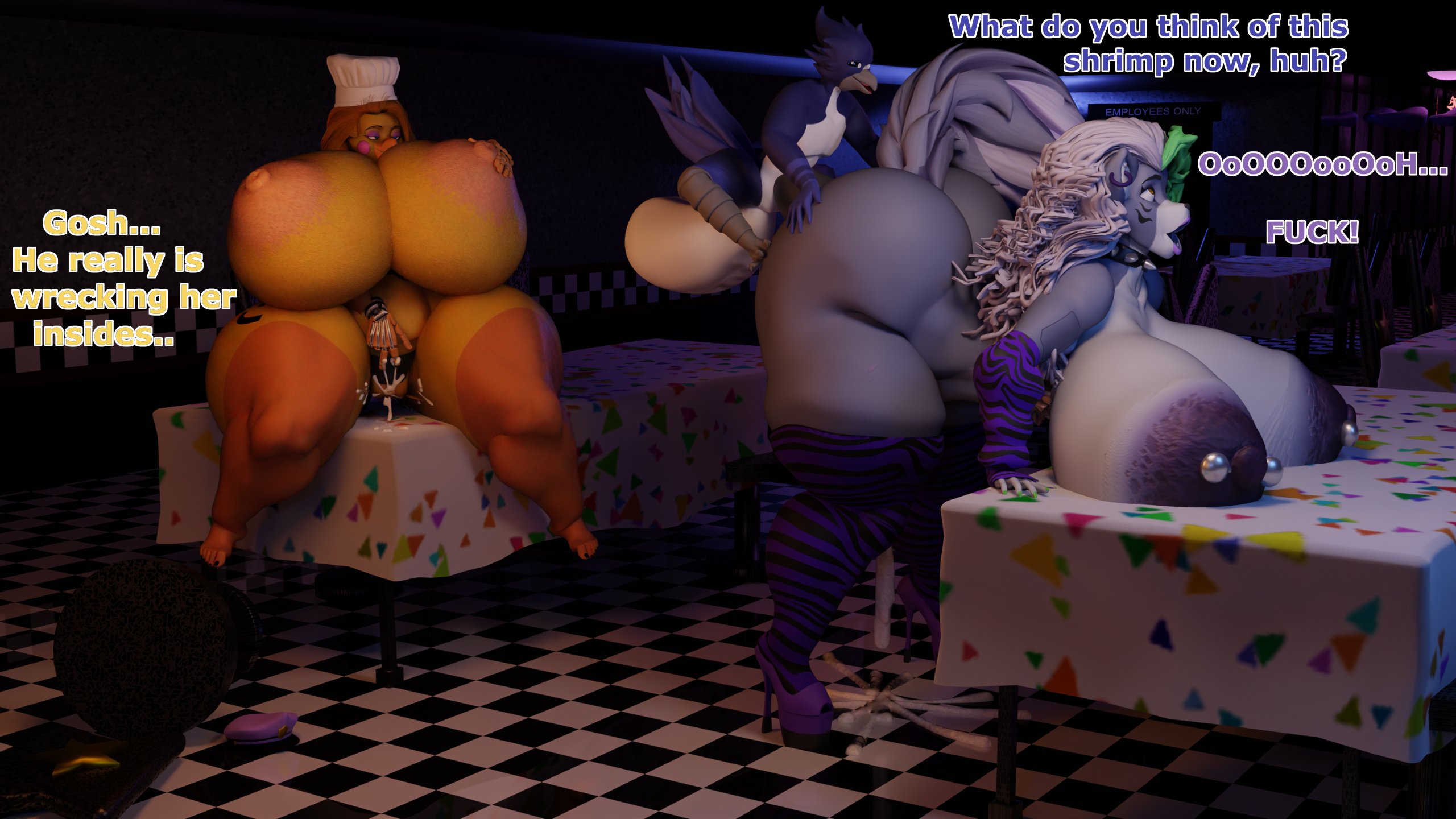 1boy, 2girls, 3d, 3d (artwork), anthro, ass, big ass, big breasts, breasts, bubble butt, canine, chicken, cleavage, crossover, dialogue, dyed hair, female, five nights at freddy's, five nights at freddy's 2, five nights at freddy's: security breach, furry, green hair, green highlights, grey body, grey fur, grey hair, huge ass, huge breasts, hyper ass, hyper breasts, interspecies, komi (komiepic), larger female, long hair, looking pleasured, makeup, male, moaning in pleasure, naked, naked female, naked male, nipples, notsafeforgek, nude, nude female, nude male, roxanne wolf (fnaf), sex, size difference, smaller male, spiked collar, straight, tagme, thick thighs, toy chica (fnaf), two-tone body, two-tone fur, watching masturbation, wide hips, wolf, wolf girl