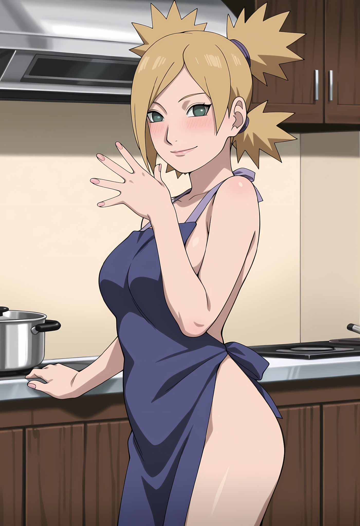 1girls, adapted costume, ai generated, almost naked, apron, apron only, barely clothed, big breasts, blonde hair, blue apron, blush, boruto: naruto next generations, breasts, cleavage, counter, female, from behind, functionally nude, housewife, huge breasts, indoors, kitchen, kitchen counter, light skin, light-skinned female, long hair, mature, mature female, milf, mostly nude, naked apron, narugirlshot, naruto, naruto (series), no bra, no panties, partially clothed, pinup, ponytail, quad tails, rear view, smile, solo, standing, teal eyes, temari, tied hair, upper body, wide hips, wife