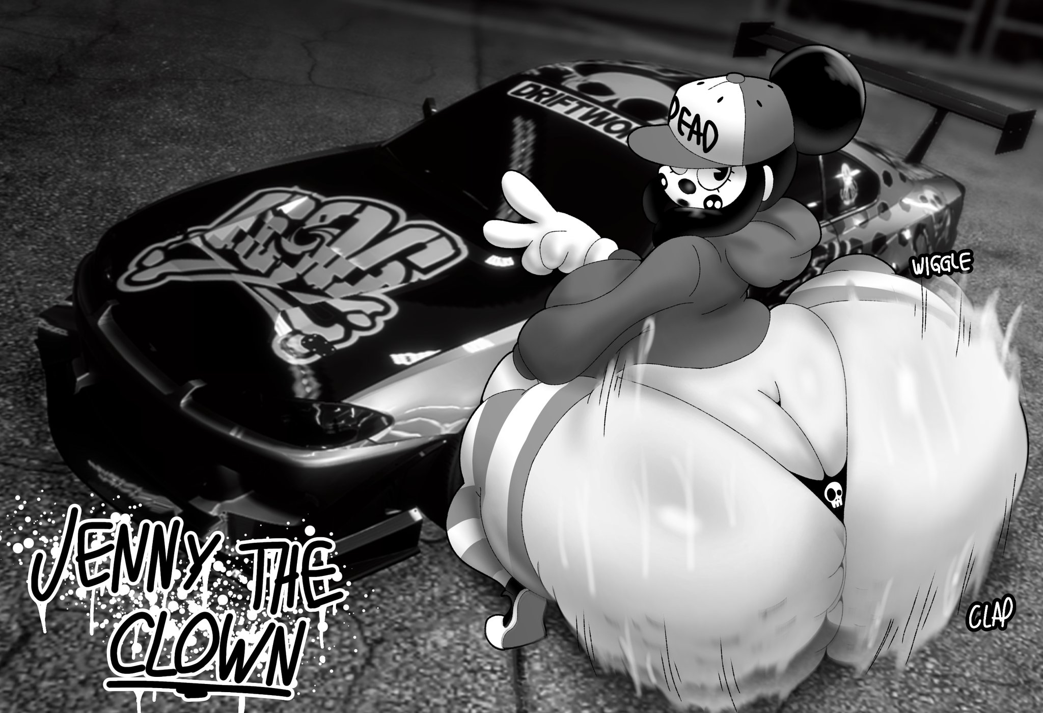 1female, 1girls, ass, ass crack, ass focus, big ass, black and white, bubble butt, car, clown girl, dumptruck ass, enormous ass, fat ass, female, female only, gigantic ass, ginormous ass, huge ass, hyper, hyper ass, lines on body, looking at viewer, onomatopoeia, rare, round ass, selfie, solo, solo female, tagme, tagme (artist), thedeathcrow05, thick, thick ass, thick thighs, thighs, thin panties, twerking girl (gta vi), voluptuous, voluptuous female, wide hips