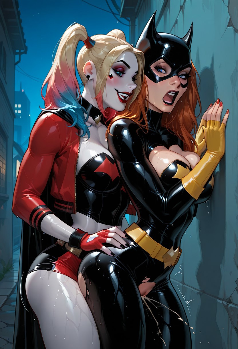1futa, 1girls, ai generated, alley, batgirl, blonde hair, charv, dc, dc comics, dc extended universe, female, from behind, futa on female, futanari, harleen quinzel, harley quinn, intersex, mask, minishorts, night, night sky, orange hair