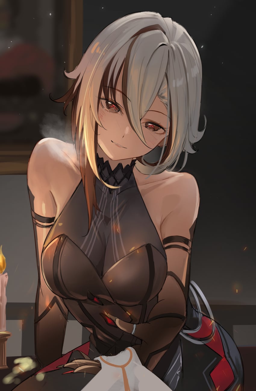 aether (genshin impact), amco, arlecchino (genshin impact), candle, clothed, female, genshin impact, imminent sex, looking at viewer, point of view, seductive, seductive eyes, seductive look, seductive smile, smile, white hair, white skin
