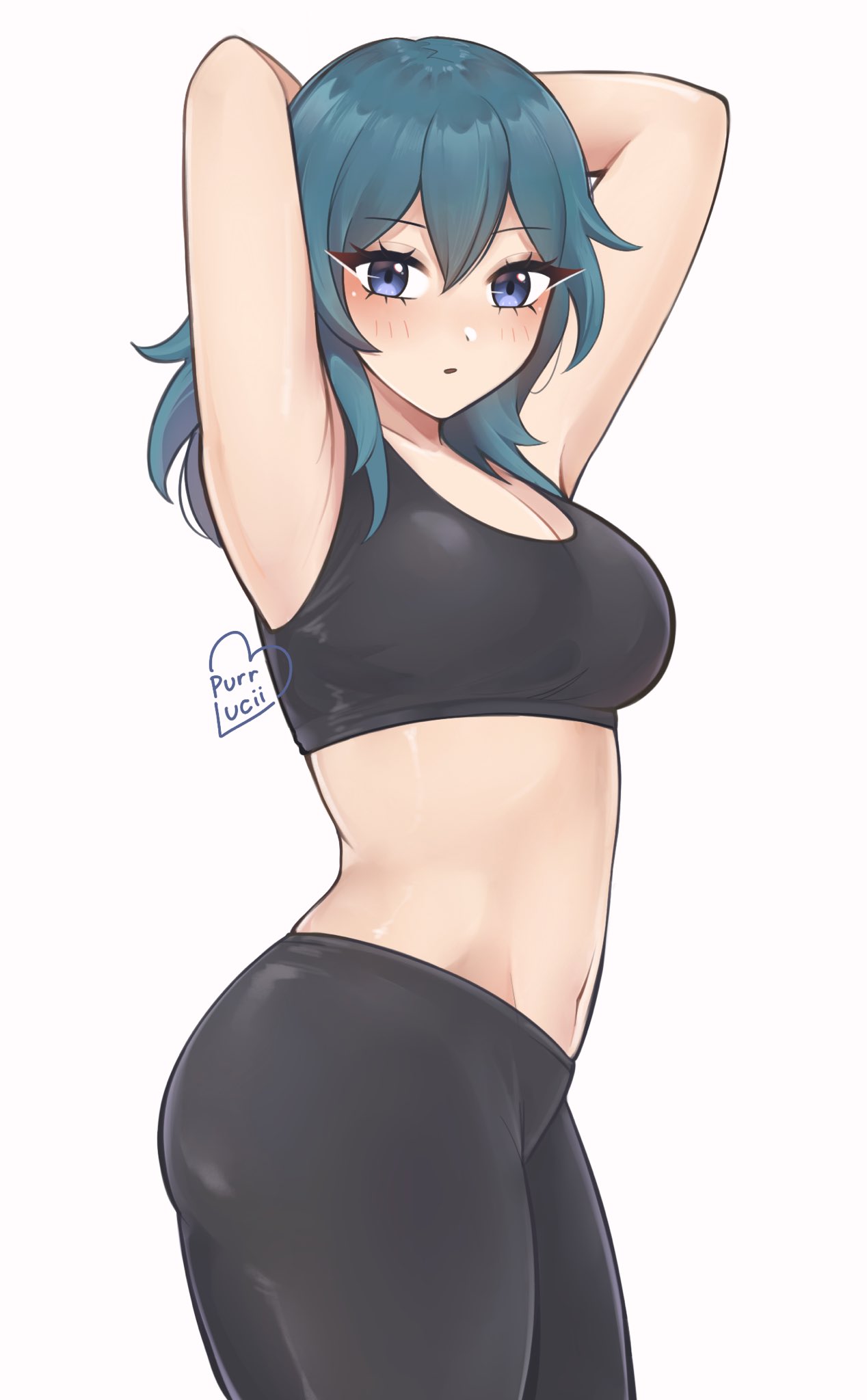 1girls, arms up, artist logo, blue eyes, breasts, busty, byleth (fire emblem), byleth (fire emblem) (female), female, fire emblem, fire emblem: three houses, gym clothes, light skin, light-skinned female, midriff, purrlucii, teal hair, tight pants, white background, yoga pants