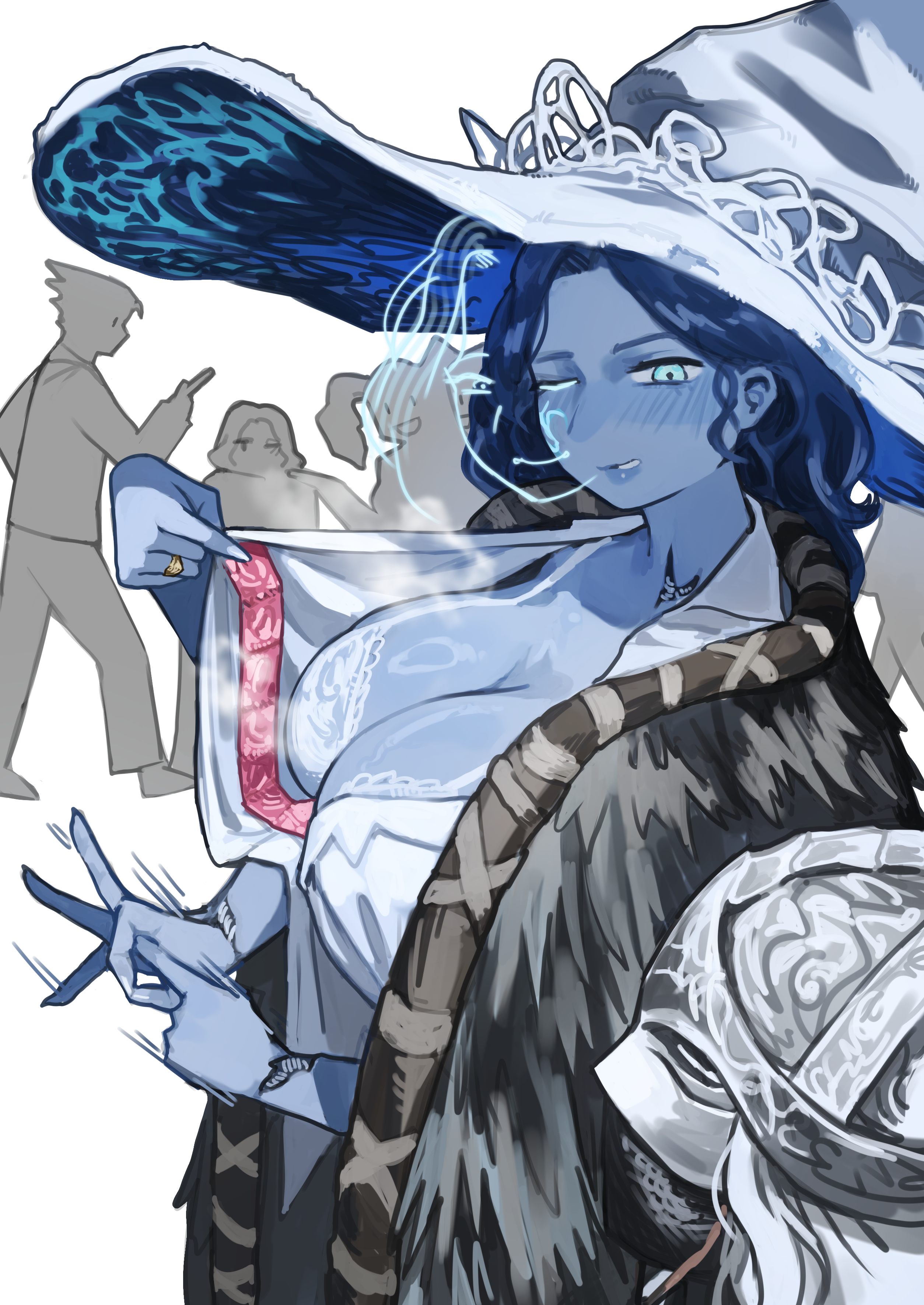 big breasts, bloody wolf (elden ring), blush, bra, breasts, cleavage, condom wrapper, elden ring, exposing breasts, female, fromsoftware, hi res, miaojiangyou, public indecency, ranni the witch, sex gesture, steaming body, tarnished, visible underwear