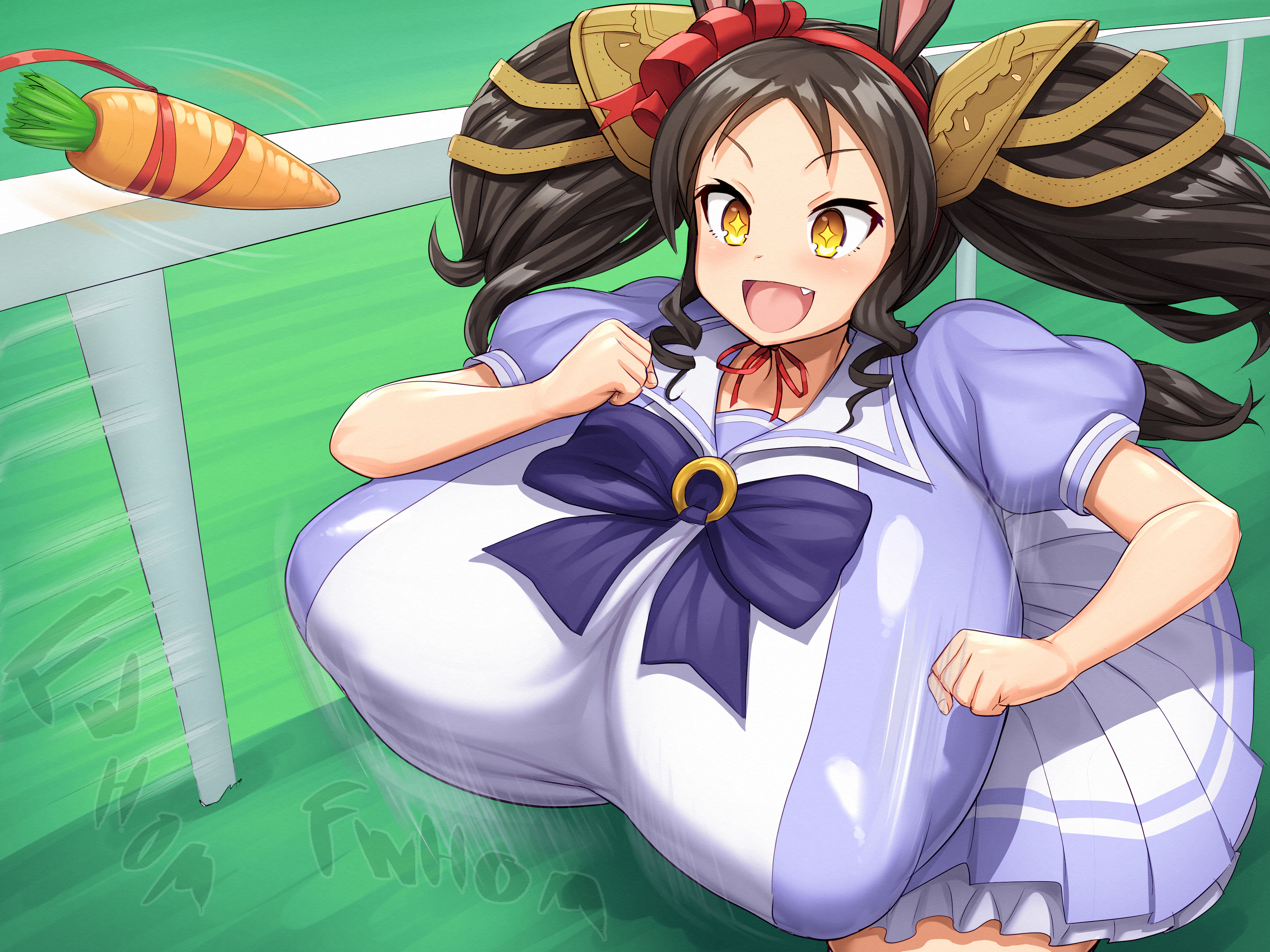 1girls, bouncing breasts, breasts, brown hair, carrot, curvy, female, huge breasts, hyper breasts, jadf, marvelous sunday (umamusume), running, smiling, sparkling eyes, tagme, tracen school uniform, umamusume