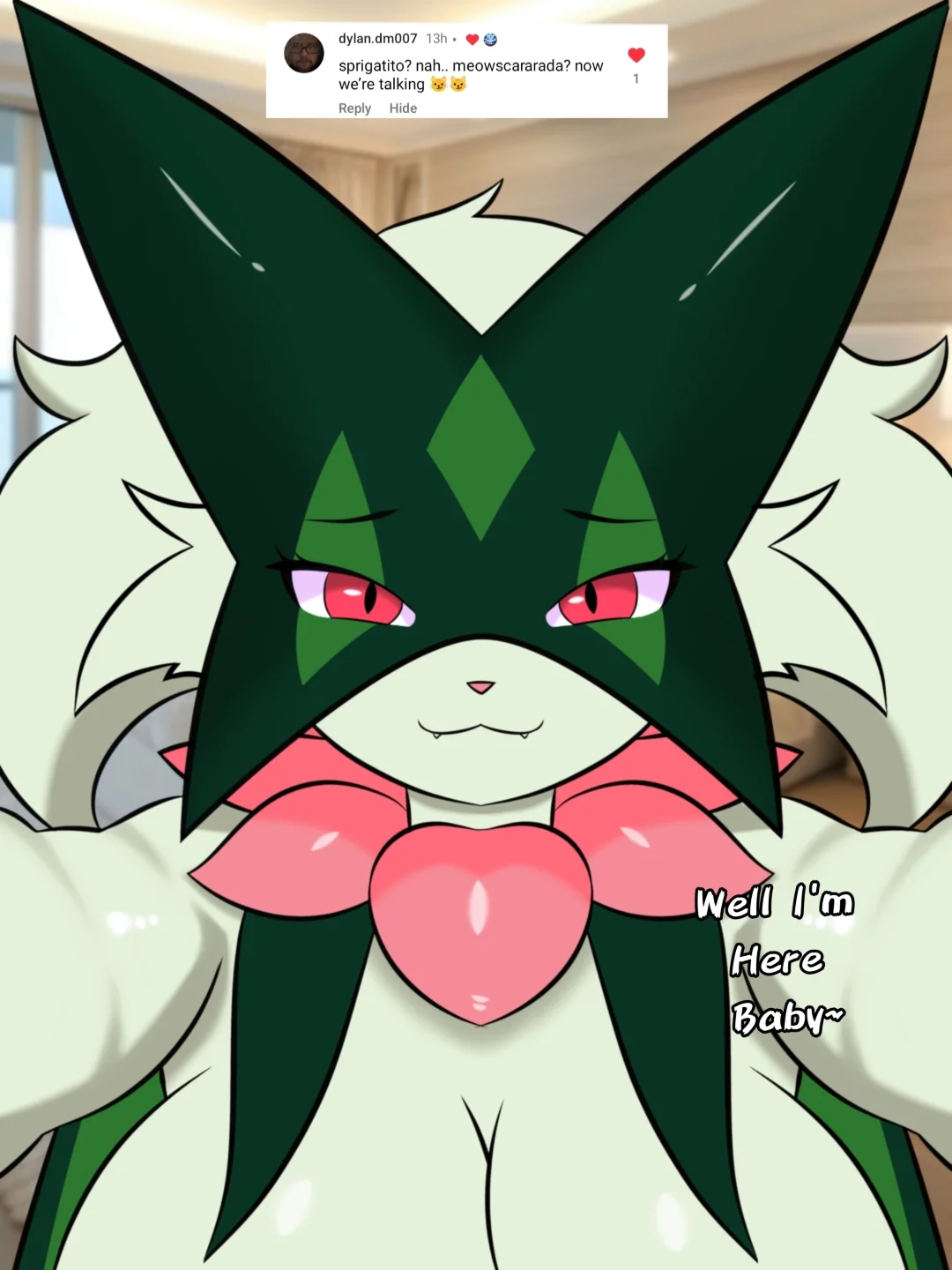 2025, 3:4, anthro, big breasts, breasts, cleavage, clothed, clothing, dialogue, digital media (artwork), english text, evaacii, fangs, felid, feline, felis, female, generation 9 pokemon, green body, hi res, looking at viewer, mammal, mask, meowscarada, nintendo, pokemon, pokemon (species), pokemorph, red eyes, smile, solo, teeth, text, wearing mask