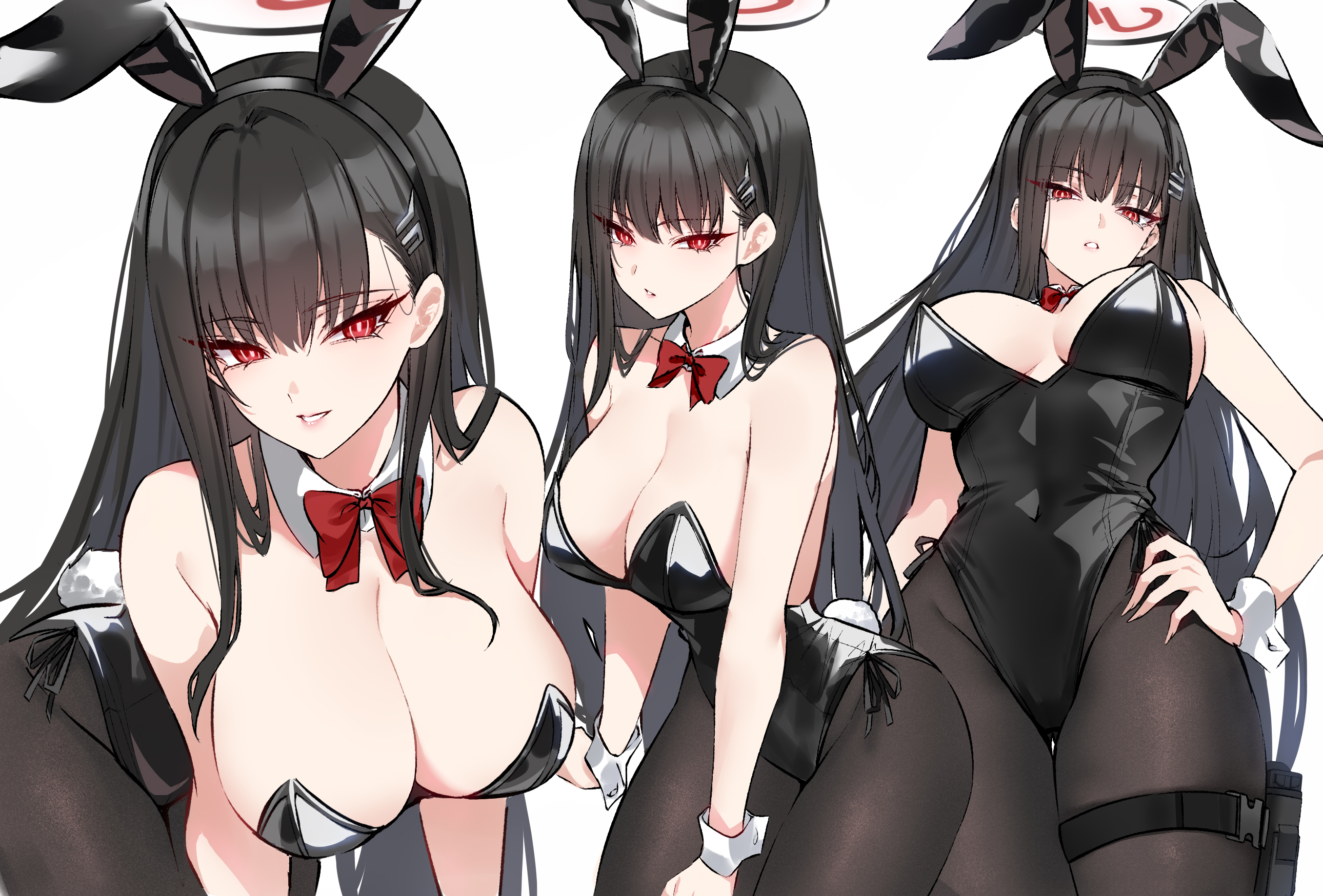 1girls, animal ears, bare shoulders, black hair, black hairband, black halo, black leotard, blue archive, bow, bowtie, breasts, cleavage, detached collar, fake animal ears, female, female only, hair ornament, hairband, hairclip, halo, hand on own hip, highres, holster, large breasts, leaning forward, leotard, looking at viewer, multiple views, pantyhose, parted lips, rabbit ears, rabbit tail, red bow, red bowtie, red eyes, rio (blue archive), shigure s, simple background, tail, thigh holster, white background, wrist cuffs