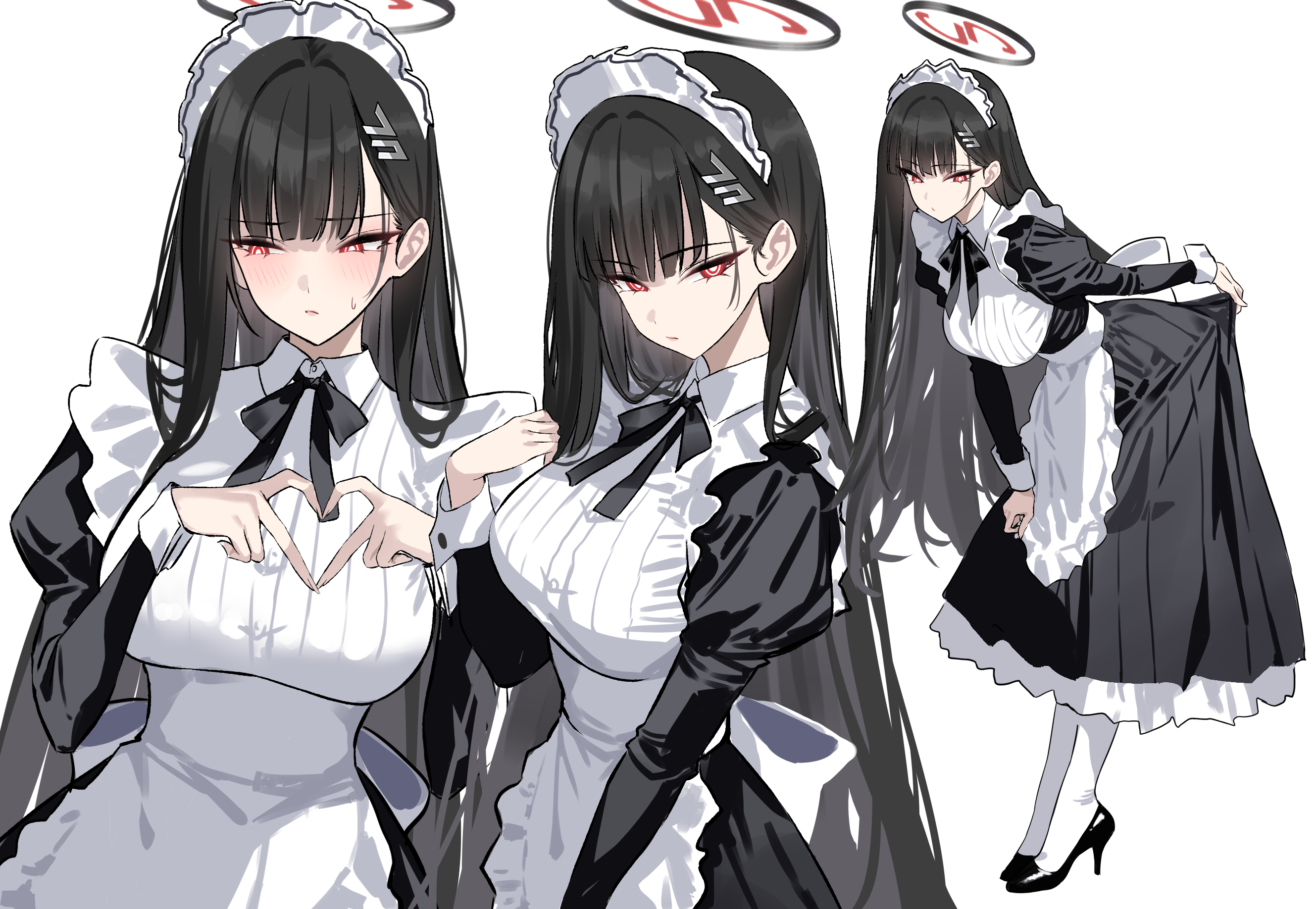 1girls, apron, black dress, black hair, blue archive, blush, breasts, dress, female, female only, full body, hair ornament, hairclip, halo, heart, heart hands, high heels, highres, large breasts, leaning forward, long hair, long sleeves, looking at viewer, looking to the side, maid headdress, multiple views, red eyes, rio (blue archive), shigure s, white apron