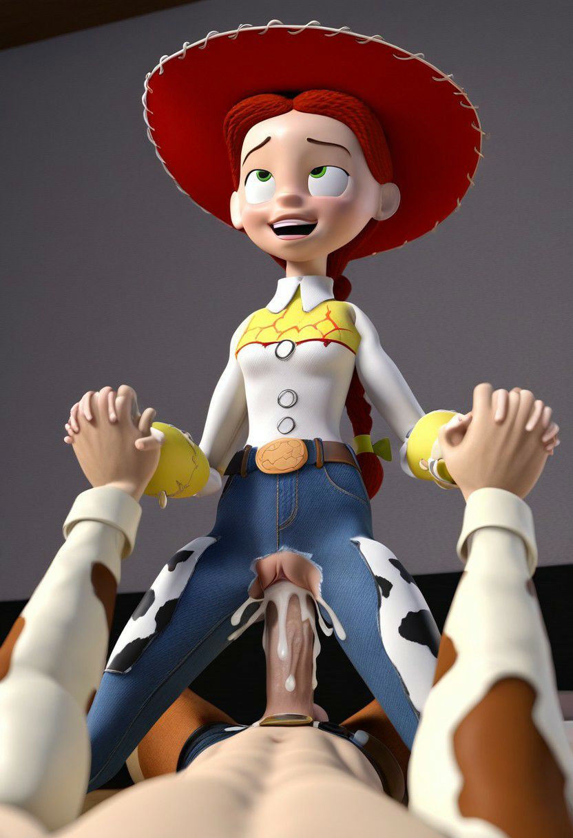 1girls, accurate art style, ai generated, braided ponytail, clothed, cowboy hat, cum, cum in pussy, cum inside, disney, female, from below, jessie (toy story), looking down, male, penis, penis in pussy, pixar, pussy, red hair, solo, toy story, vaginal penetration