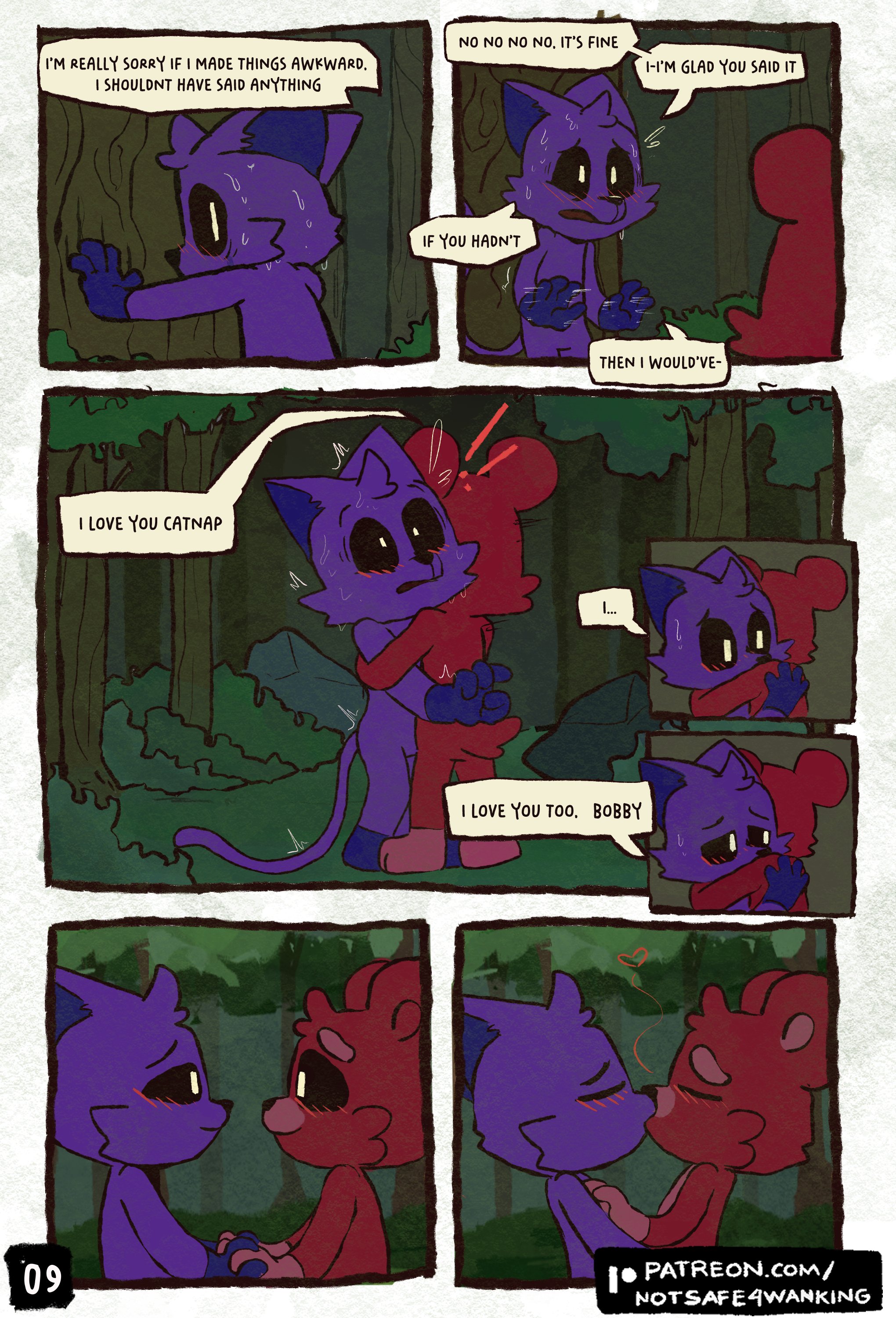 1boy, 1boy1girl, 1girls, 2025, anthro, bear, bobby bearhug, cat, cat tail, catnap, catnap (poppy playtime), comic, comic page, critters (poppy playtime), domestic cat, duo, felid, feline, felis, female, feral, fur, kissing, male, male/female, mammal, mob entertainment, mob games, no humans, notsafeforwanking, poppy playtime, poppy playtime (chapter 3), purple body, purple fur, smiling critters, tagme, tail, text