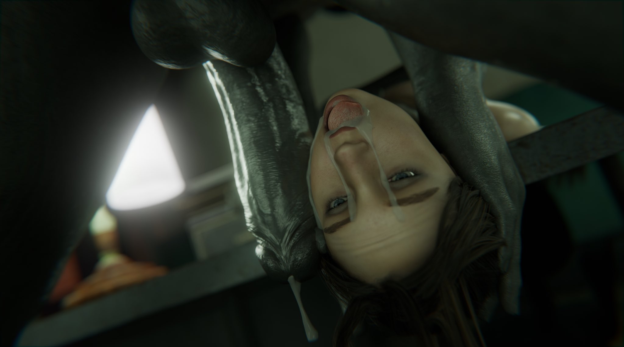 1boy, 1girls, 3d, after fellatio, after oral, blue eyes, brown hair, claire redfield, claire redfield (jordan mcewen), couple, couple sex, cum, cum on face, female, happy, happy sex, happy trail, light skin, light-skinned female, love, lovers, male, monster, monster on female, mr x, penis, resident evil, resident evil 2, resident evil 2 remake, size difference, stephanie23, tyrant, unseen male face