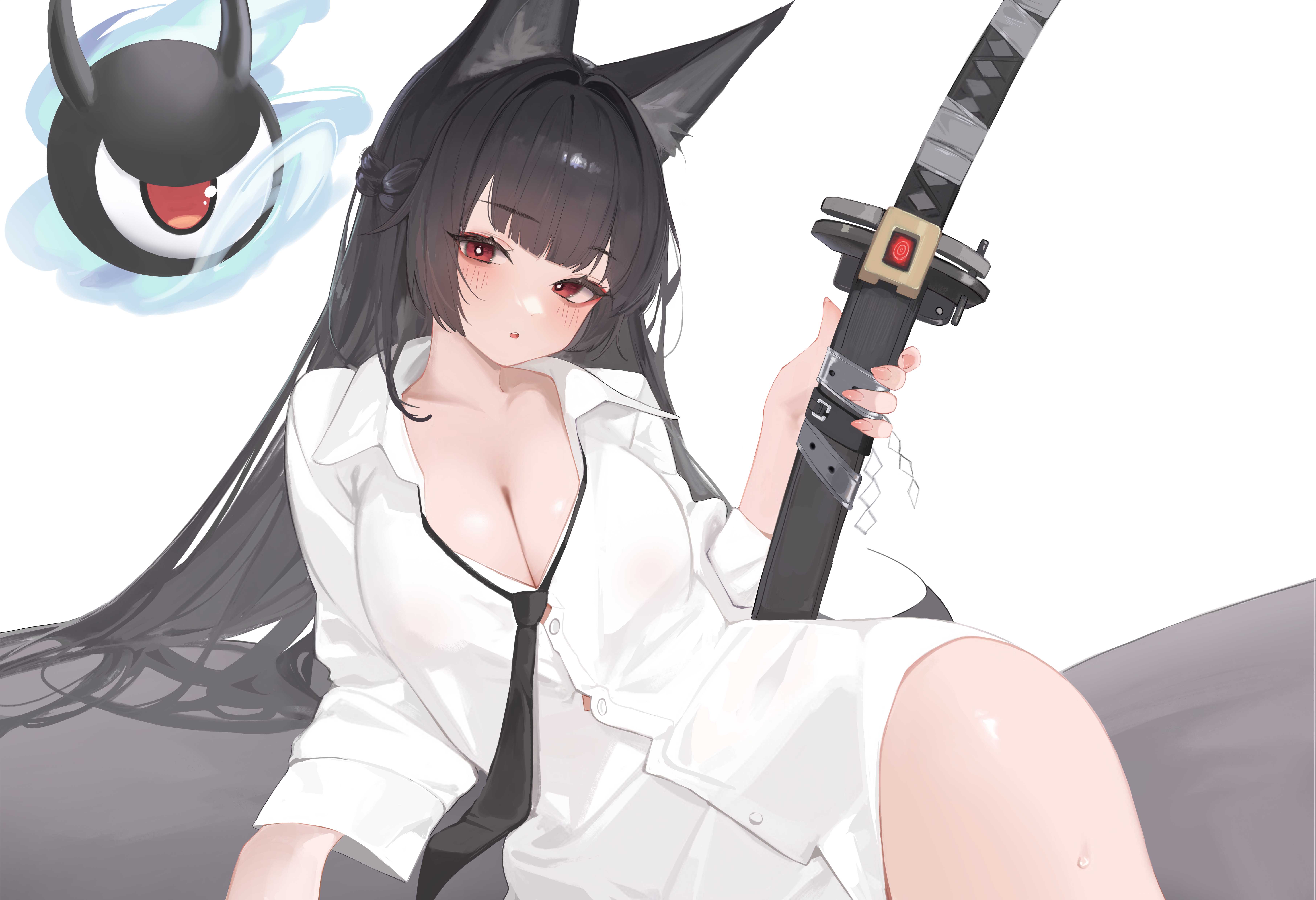 1girls, absurdres, animal ear fluff, animal ears, black necktie, blunt bangs, blush, breasts, cleavage, commentary, female, female only, fingernails, highres, holding, holding sword, holding weapon, hoshimi miyabi, large breasts, long hair, long sleeves, looking at viewer, necktie, open mouth, red eyes, revision, sharp fingernails, shirt, sidelocks, sihana156, simple background, solo, sword, tailless (zenless zone zero), teeth, thighs, upper teeth, weapon, white background, white shirt, zenless zone zero