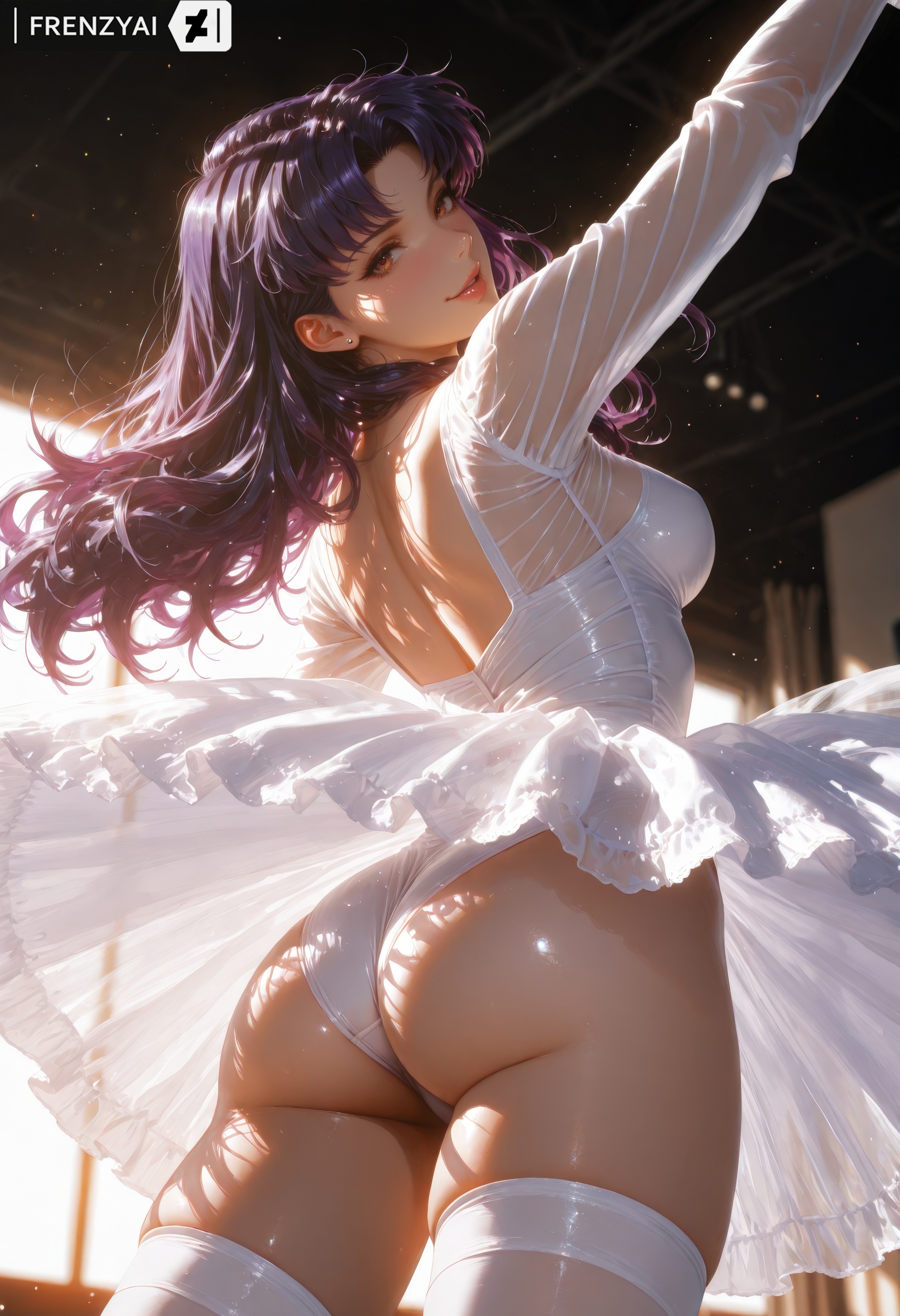 ai generated, ass, ballerina, ballet dress, dancing, female, frenzyai, leotard, misato katsuragi, neon genesis evangelion