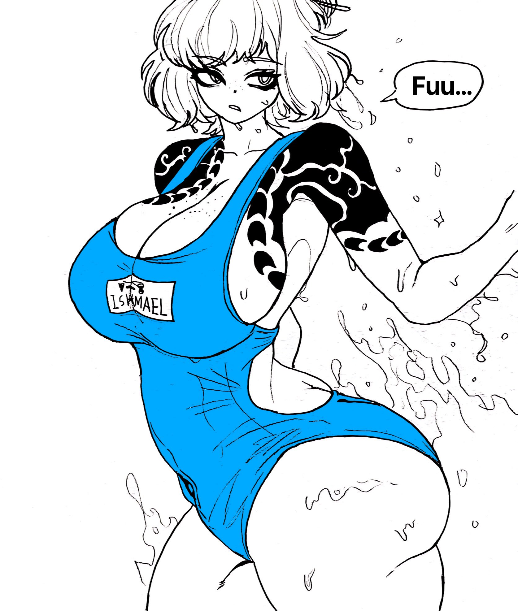 aplpakapa, big breasts, breasts, curvy female, curvy figure, female, irezumi, ishmael (limbus company), kurokumo clan (identity) (project moon), limbus company, project moon, school swimsuit, yakuza tattoo