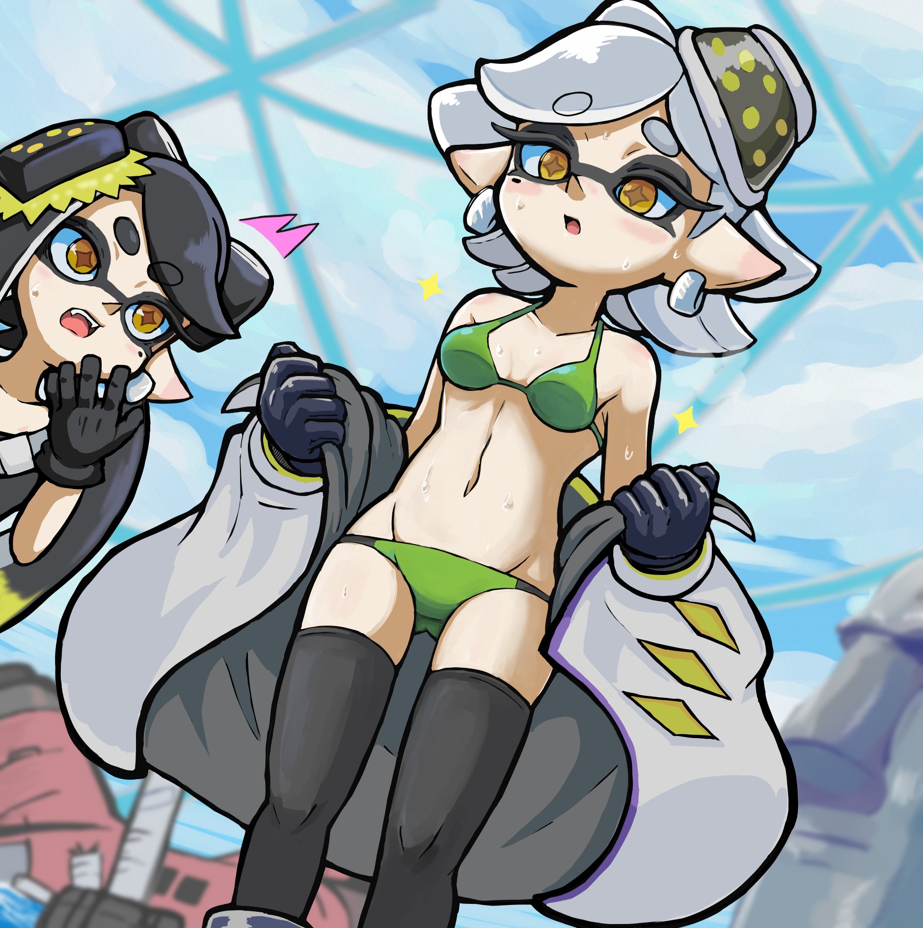 black hair, blue sky, blush, blush stickers, bra, callie (alterna), callie (splatoon), coat, dutch angle, earrings, female, female only, gloves, grey hair, groin, inkling, jewelry, looking down, marie (alterna), marie (splatoon), mole, mole under eye, navel, nintendo, off shoulder, open clothes, open coat, open mouth, panties, pointy ears, short hair, sky, splatoon, splatoon (series), splatoon 3, squid sisters, surprised, sweatdrop, takamame, tentacle hair, thighhighs, twintails, underwear, undressing, yellow eyes