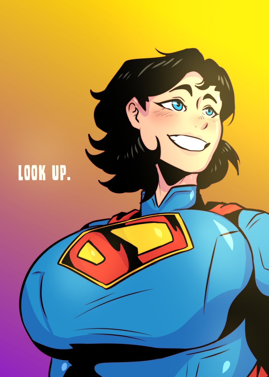 big ass, big breasts, black hair, blue eyes, blush, breasts, clara kent, clark kent, curvy figure, david corenswet, dc, dc comics, dcu, english text, female, light skin, light-skinned female, rule 63, smile, superman, superman (2025), superman (series), superwoman, tinkybox