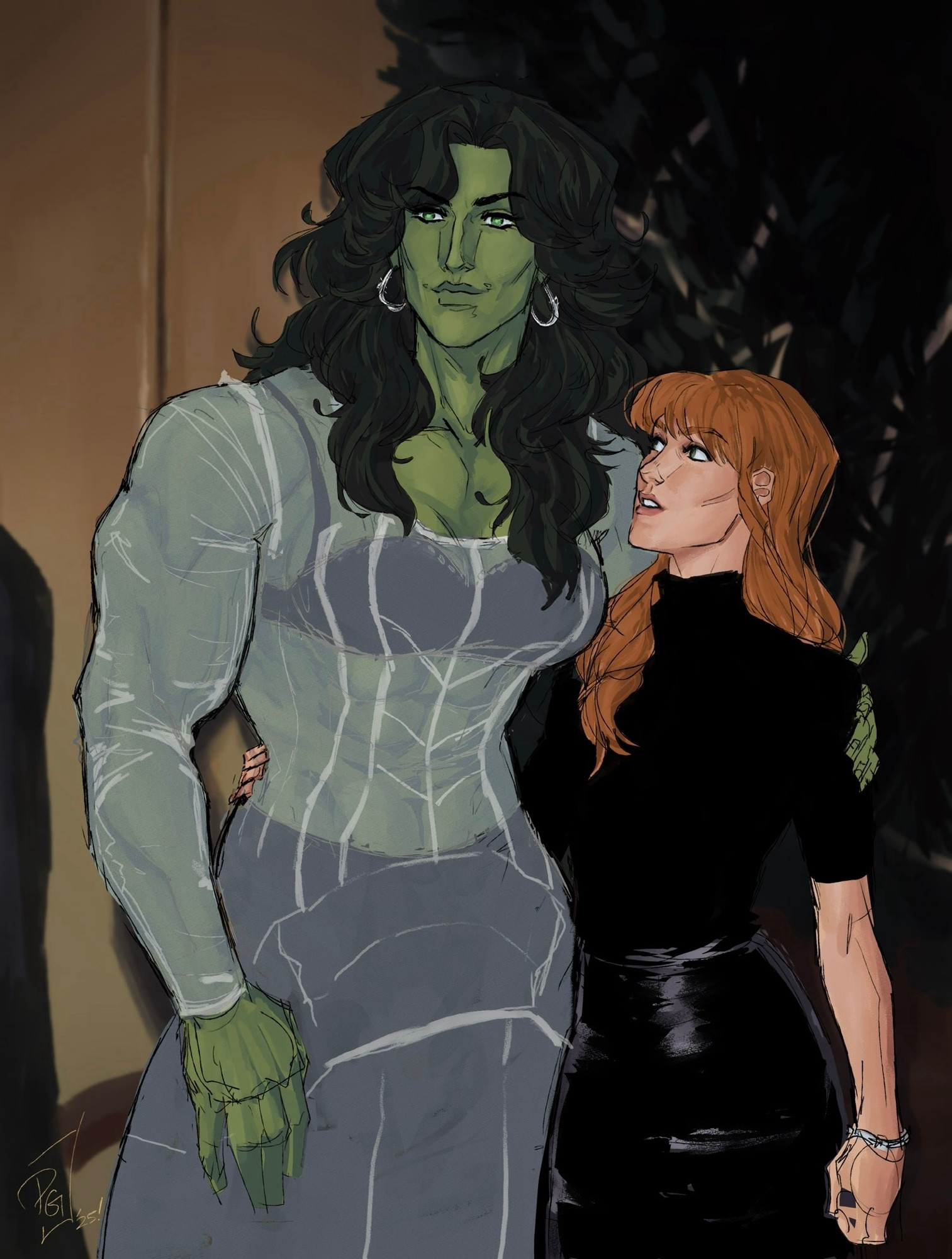 couple, earrings, female, hand around back, hand between legs, height difference, jennifer walters, lethargicmarigoldd, lingerie, marvel, marvel comics, patsy walker, see-through clothing, she-hulk, yuri