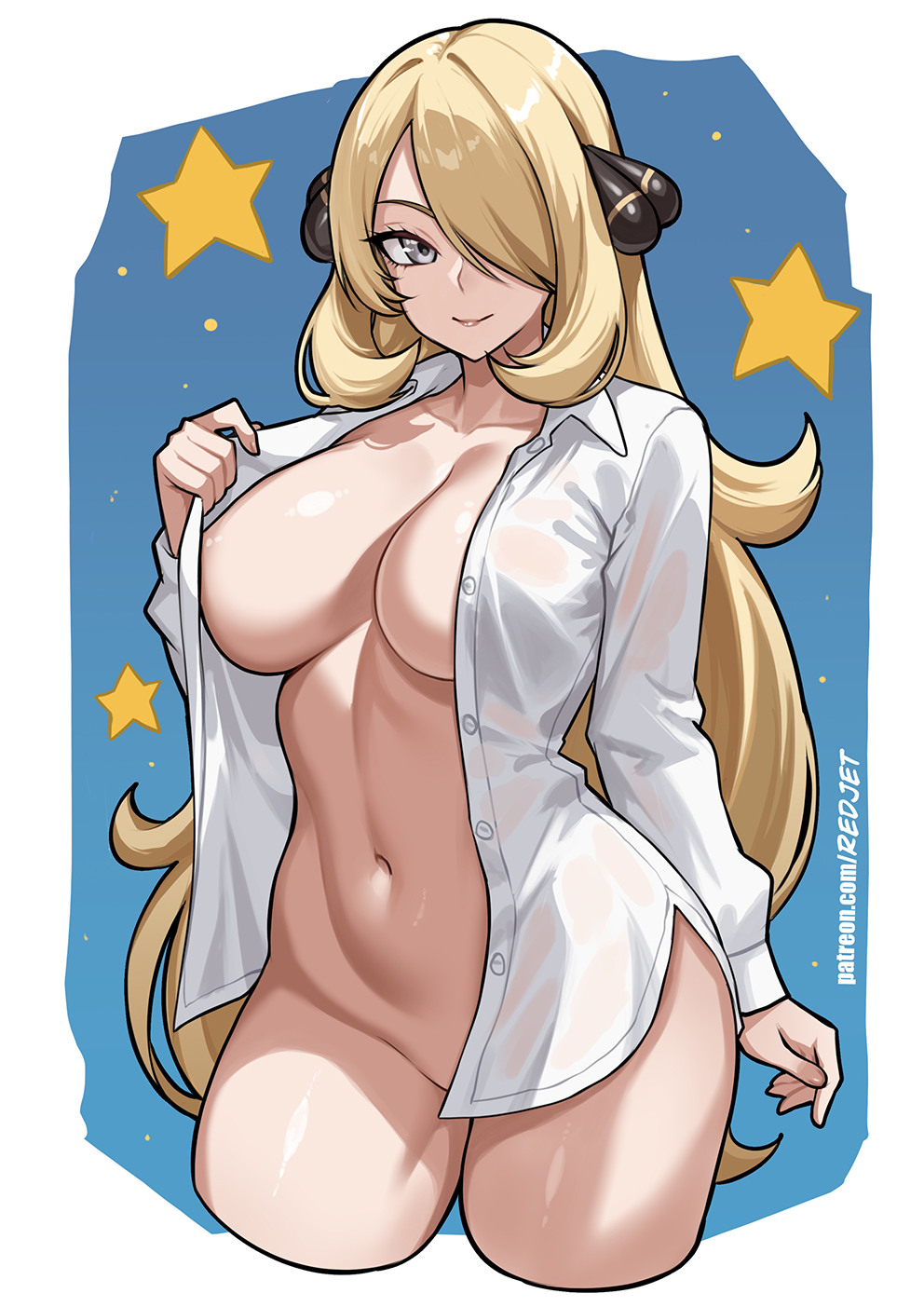 1girls, alternate costume, blonde hair, blonde-haired female, breasts, collared shirt, cowboy shot, cropped legs, cynthia (pokemon), female, game freak, grey eyes, hair over one eye, highres, large breasts, long hair, looking at viewer, naked shirt, navel, nintendo, partially clothed, patreon username, pokemon, pokemon dppt, redjet, shirt, smile, solo, star (symbol), white shirt
